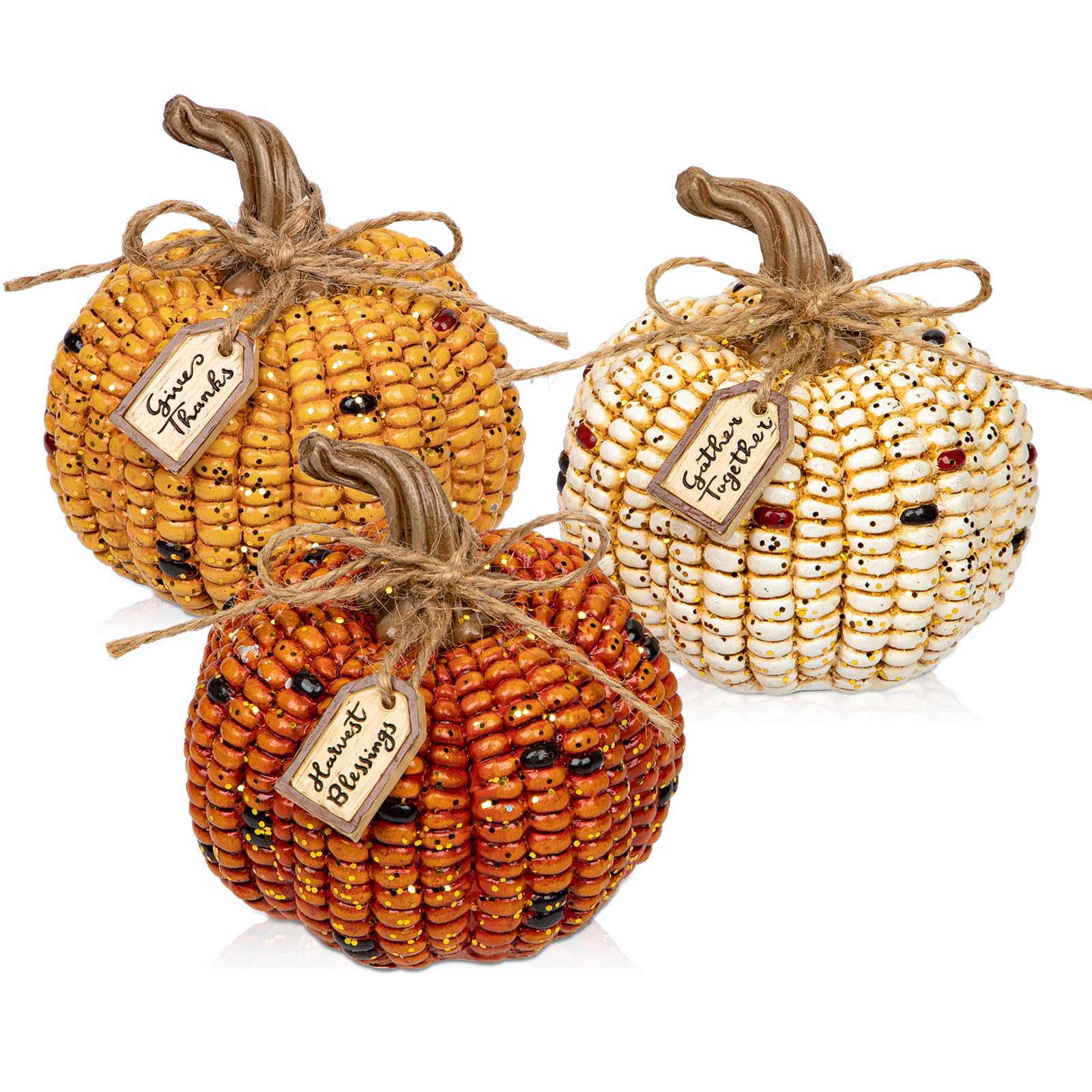Oairse Pumpkins Fall Decoration, 3PCS Decorative Corn Cob Pumpkins Resin Fake Pumpkin Autumn Home Rustic Decor for Thanksgiving Harvest Halloween Table Centerpieces Shelf Indoor Outdoor Porch