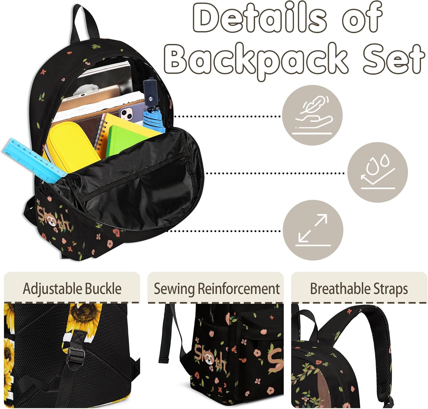 Back to School Sloth Backpack Set 3PCS – Cute Lazy Sloth Bookbag with Lunch Bag & Pencil Case, Soft Lightweight School Backpack for Boys Girls Teens Women, Travel or Campus Use - Image 4