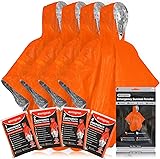aZengear Emergency Survival Poncho (4pc) Thermal Mylar Foil Blanket for Heat Retention and Rain | Reversible with Hood | Waterproof, Windproof, Portable, Hands-Free, Outdoor Kit (Orange)