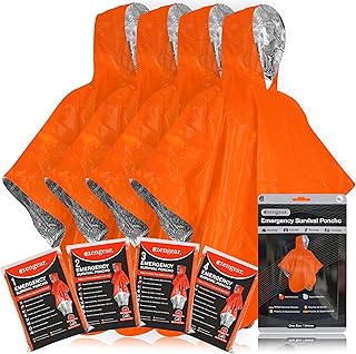 aZengear Emergency Survival Poncho (4pc) Thermal Mylar Foil Coating Blanket for Heat Retention and Rain | Reversible with Hood | Waterproof, Windproof, Portable, Hands-free, Outdoor Kit