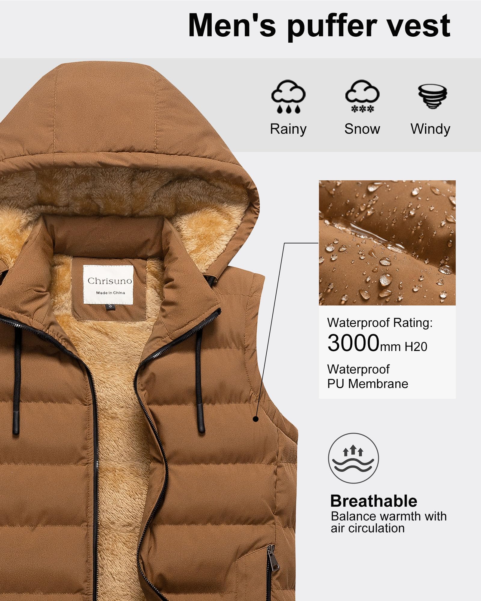 Chrisuno Gilet invernale da uomo, leggero, caldo, senza maniche, foderato in pile, trapuntato, con cappuccio rimovibile