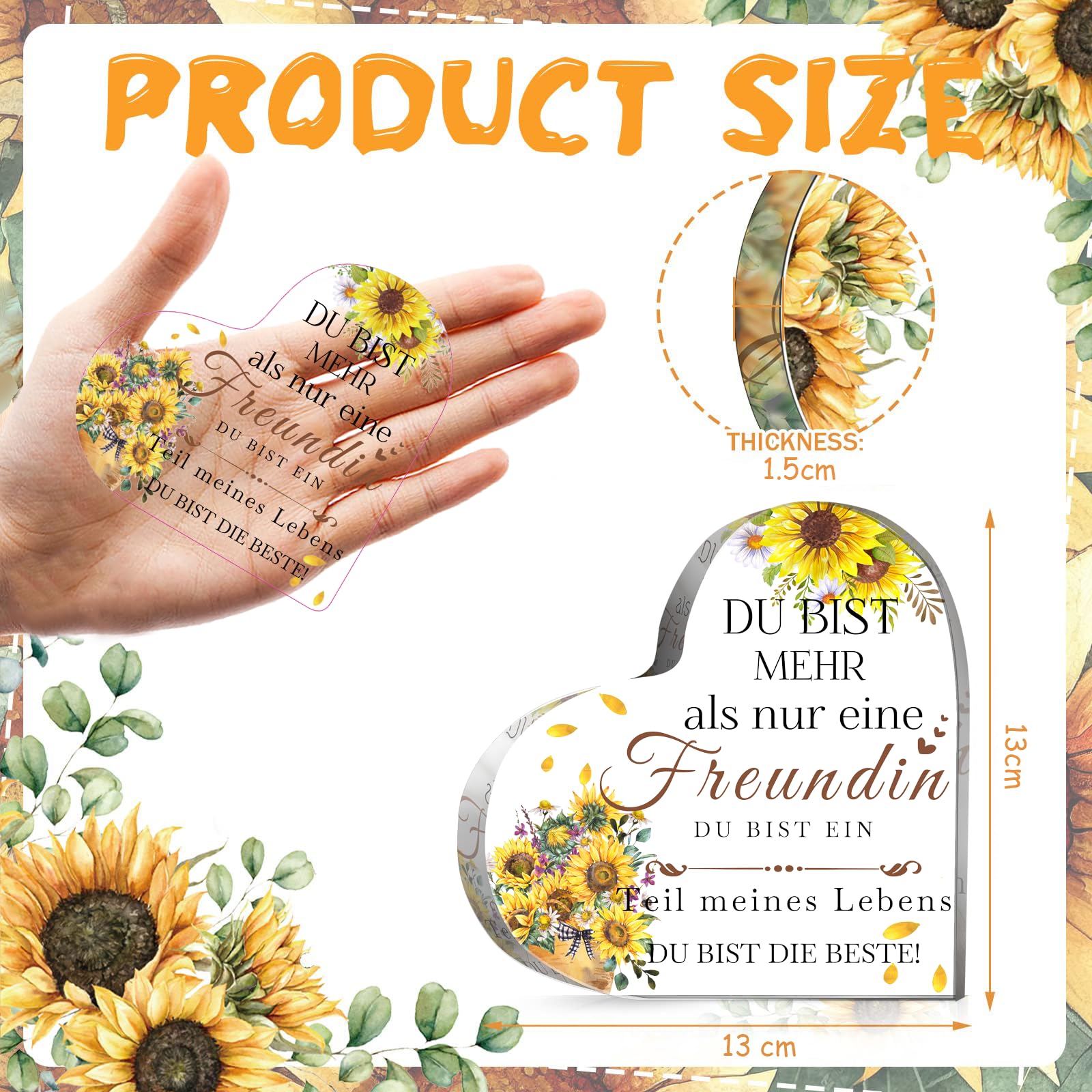 Johiux Beste Freundin Geschenke,Geschenke für Freundin Acryl Herz,geschenk freundin geburtstag Geschenke für Beste Freundin Geburtstagsgeschenk Weihnachtsgeschenke für Freundin. (Sonnenblume)