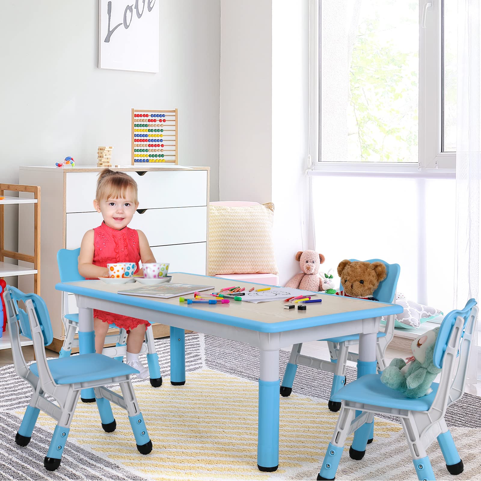 Clevich Kindertisch mit 4 Stühlen, Tisch Stuhl Set Höhenverstellbar,Kindertischgruppe für Kinderzimmer, Plastik Kindermöbel, Kindertisch und Stuhlset für Jungen Mädchen ab 2 Jahre (Blau)