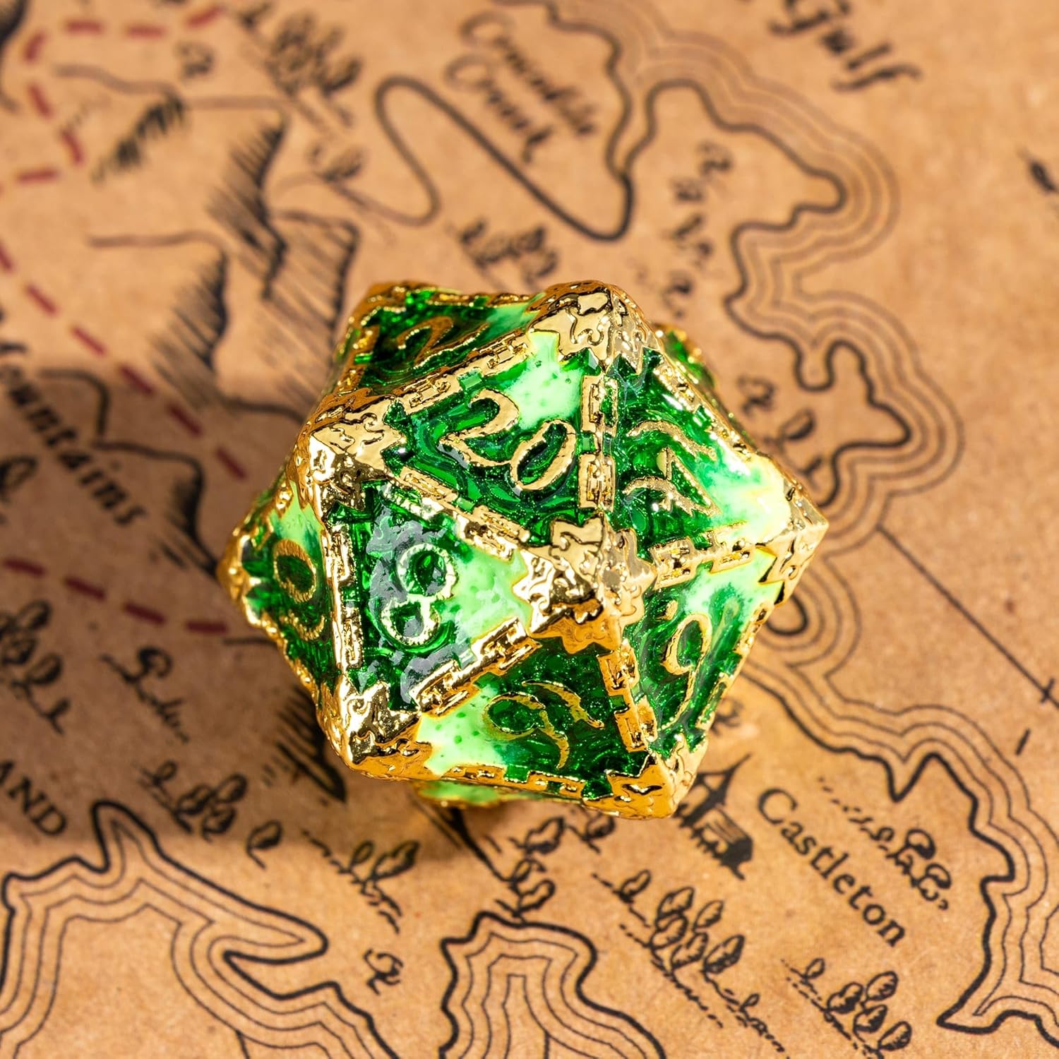 Cusdie 7Pcs Metal Dice with Metal Box, Dagger Design Polyhedral DND Dice Set, for Role Playing Game D&D Dice (Golden Green)