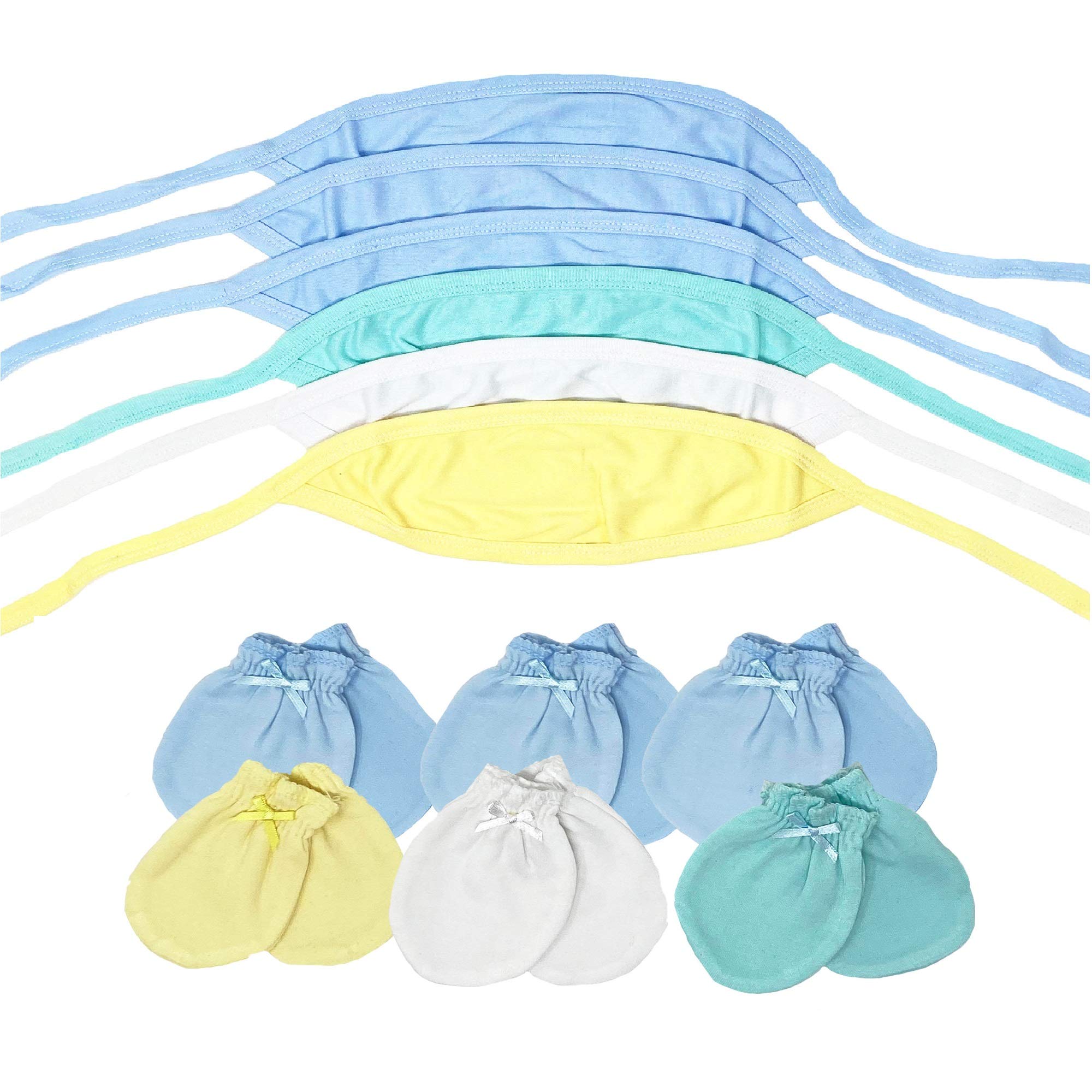 I&S Newborn Baby Gift Set Belly Button Covers and Mittens for Boys Girls (12 Pack - Blues, Yellow, Green, White)