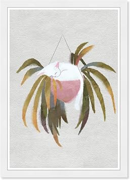 Wynwood Studio Animals Framed Wall Art Prints Sleepy Plant Cats and Kitties Home Decor, 13" x 19", White, Pink