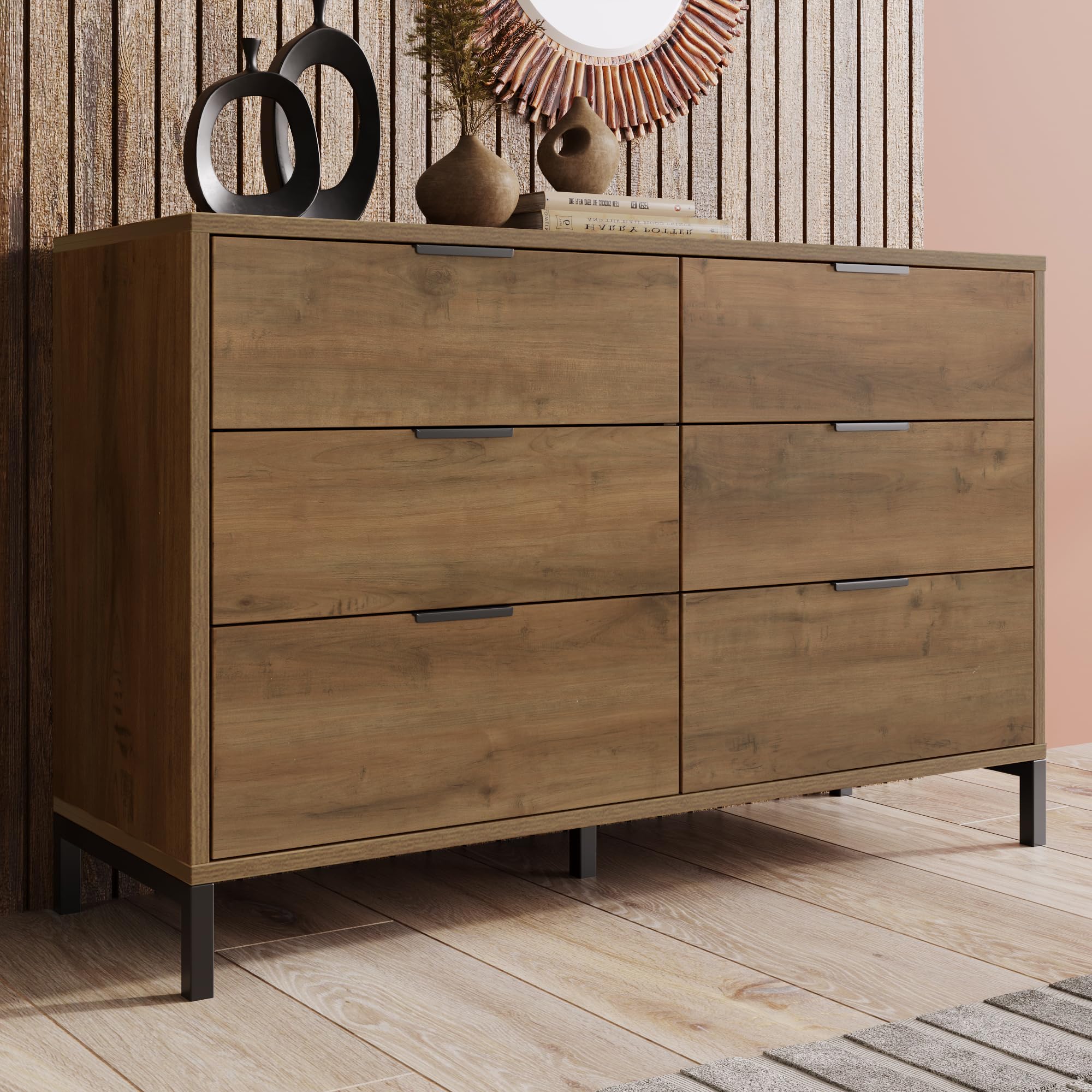 MURUL Cassettiera con 6 cassetti, credenza per camera da letto e tutti gli spazi abitativi, 120 x 40 x 76 cm, in rovere scuro (rovere scuro)