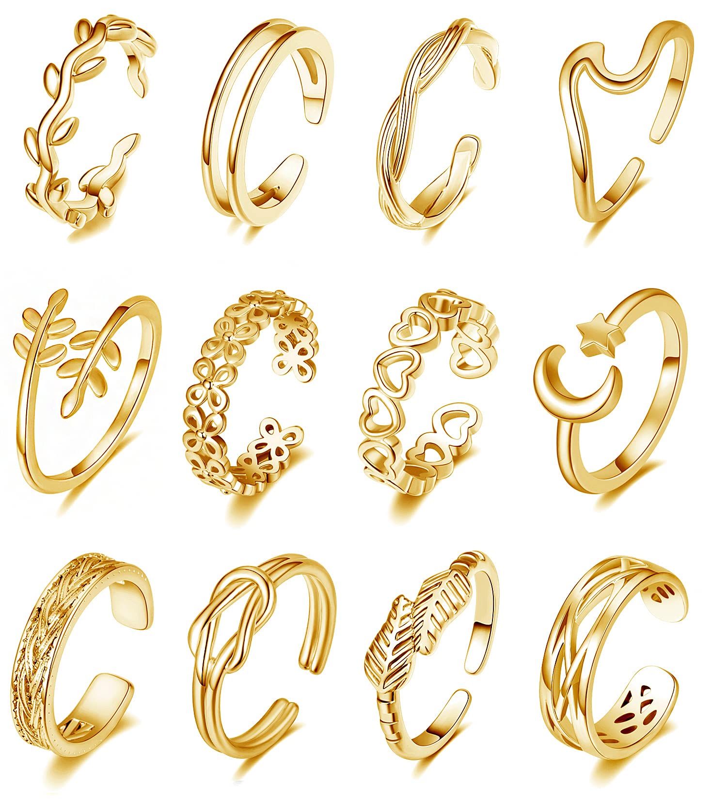 12PCS 18K Gold Plated Adjustable Toe Rings for women Summer Beach Open Toe Rings Set Flower Arrow Tail Pinky Band Rings Barefoot Foot Jewelry, One Size, Copper,Platinum,Gold,Metal-image-48