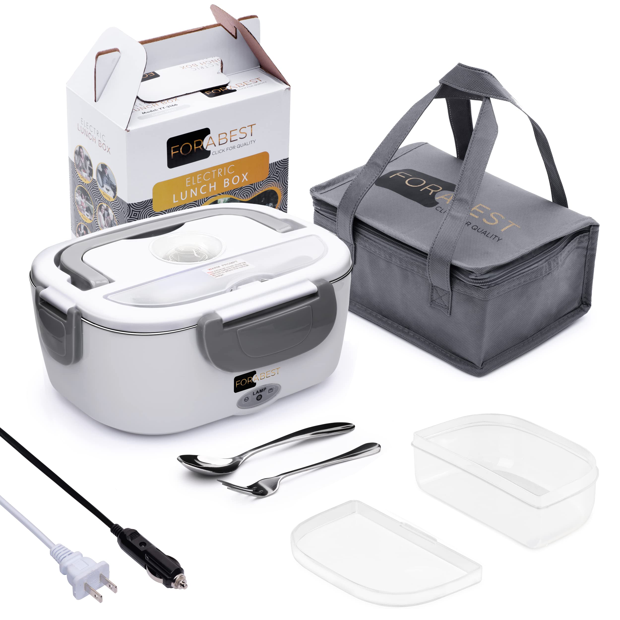 Amazon Com 電動飯盒食物加熱器 Forabest 2 合1 便攜式食物保溫午餐盒適用於汽車和家庭 防漏 2 個隔層 可拆卸304 不鏽鋼容器 Ss 叉子和湯匙和手提袋