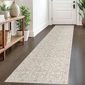 2x8 Cream Beige White Grey Washable Runner Rug for Hallways, Soft Classic Kitchen Rugs with Non-Slip, Non-Shedding Distressed Floral Rug for Hallways Entryway Bedroom Bathroom Laundry Indoor