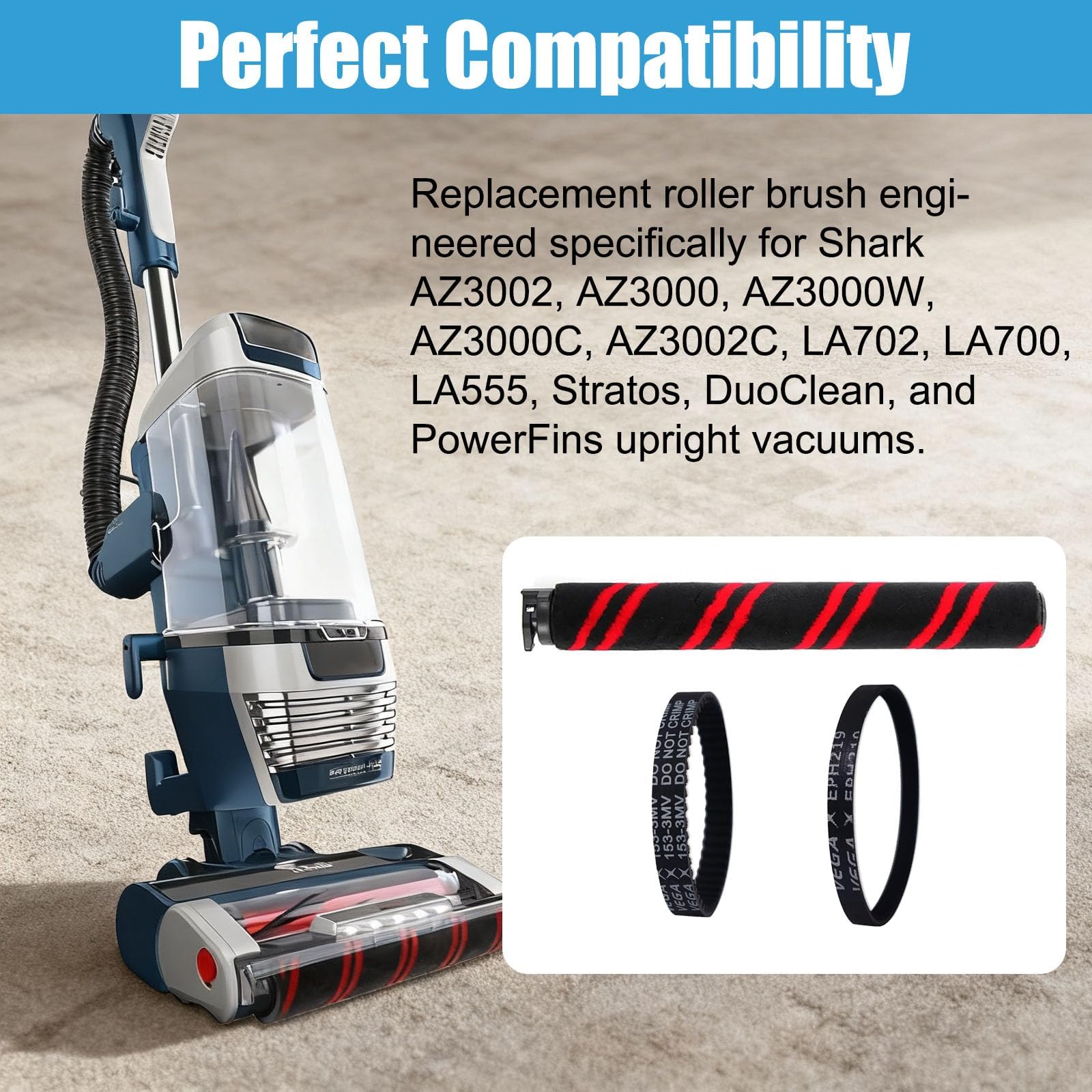 AZ3002 Staubsaugerwalzenbürste und Riemenersatz für Shark AZ3000 LA555 LA700 LA702 Stratos DuoClean PowerFins Standstaubsauger, Riemen Vega 153-3MV-8 und Long Drive Vega EPH219