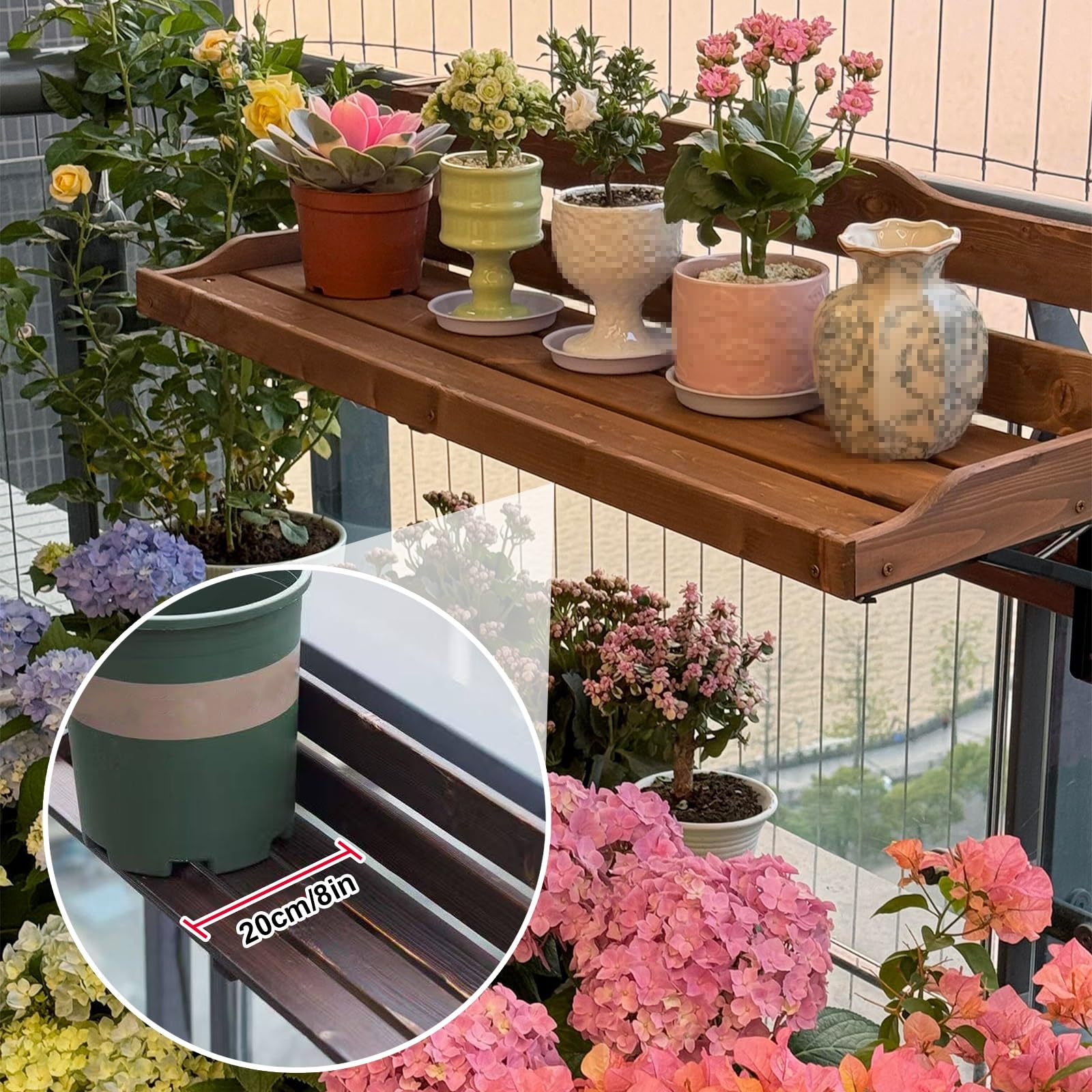 Table de Balcon Suspendue Pliable et Suspendue, Tablette Balcon en Bois pour Les Petits Balcons, Terrasses, Plantes D'extérieur et Rangement, Installation sans Perçage(Brown,90cm/36in)