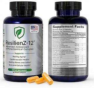 ResilienZ-12 Antioxidants Supplement – 12-in-1 Phytonutrient Complex w/Meriva Curcumin Phytosome, Vitamin C, Sulforaphane, Astaxanthin, EGCG Green Tea Extract, CoQ10, Quercetin – 90 Vegan Capsules