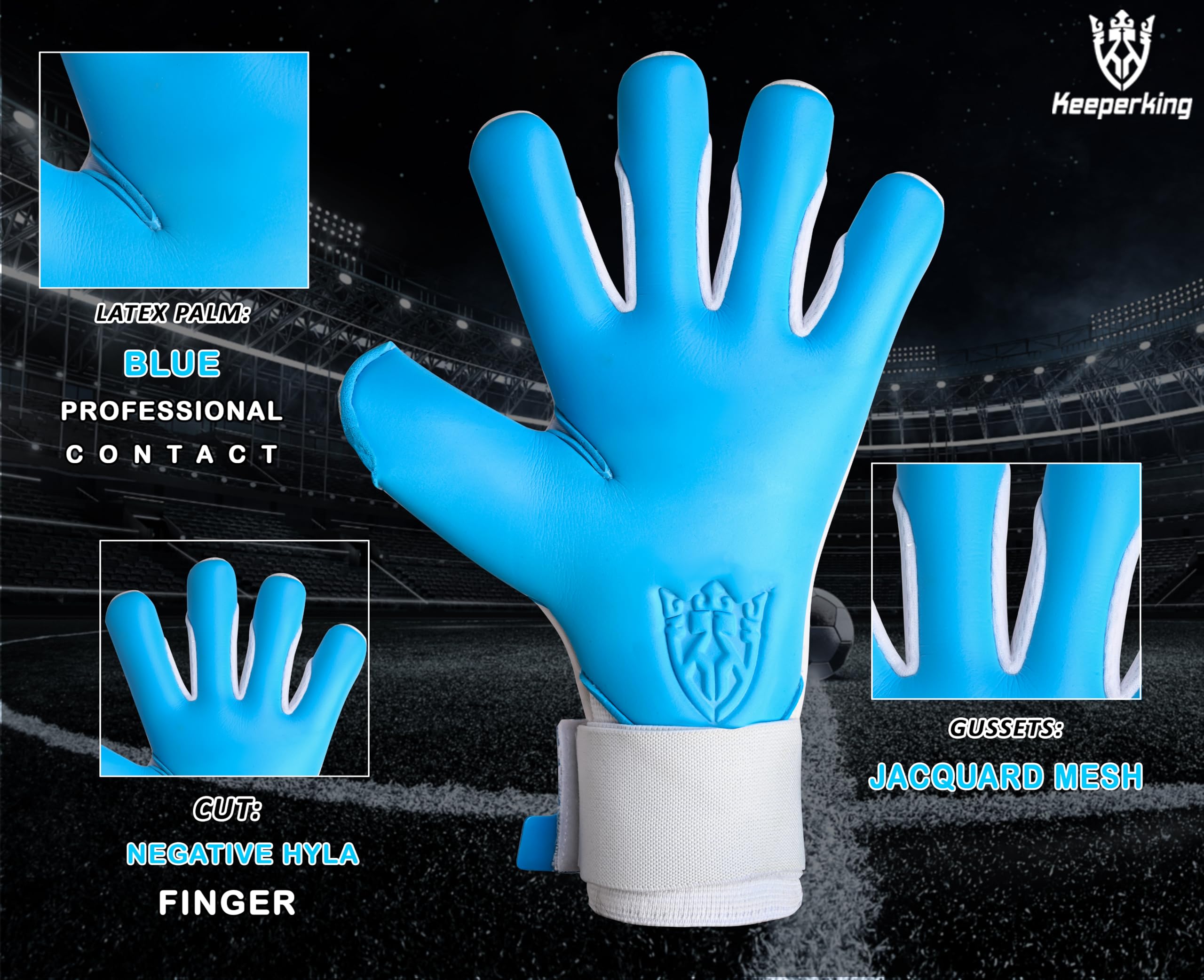 Keeperking Guanti da portiere professionali ibridi con cuciture interne professionali Contact Next Grip, 4 mm, massima aderenza e comfort, con semplice sistema di entrata per guanti da portiere da uomo, adulto, ragazzi