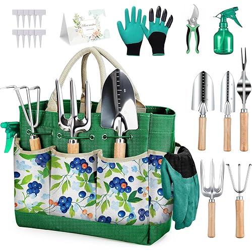Gardening Tools Set, 11-Piece Heavy Duty Rust-Proof Garden Supplies with Ergonomic Handles & Durable Tote Organizer, Essential Perfect Gardening Gifts for Women and Beginner, Green