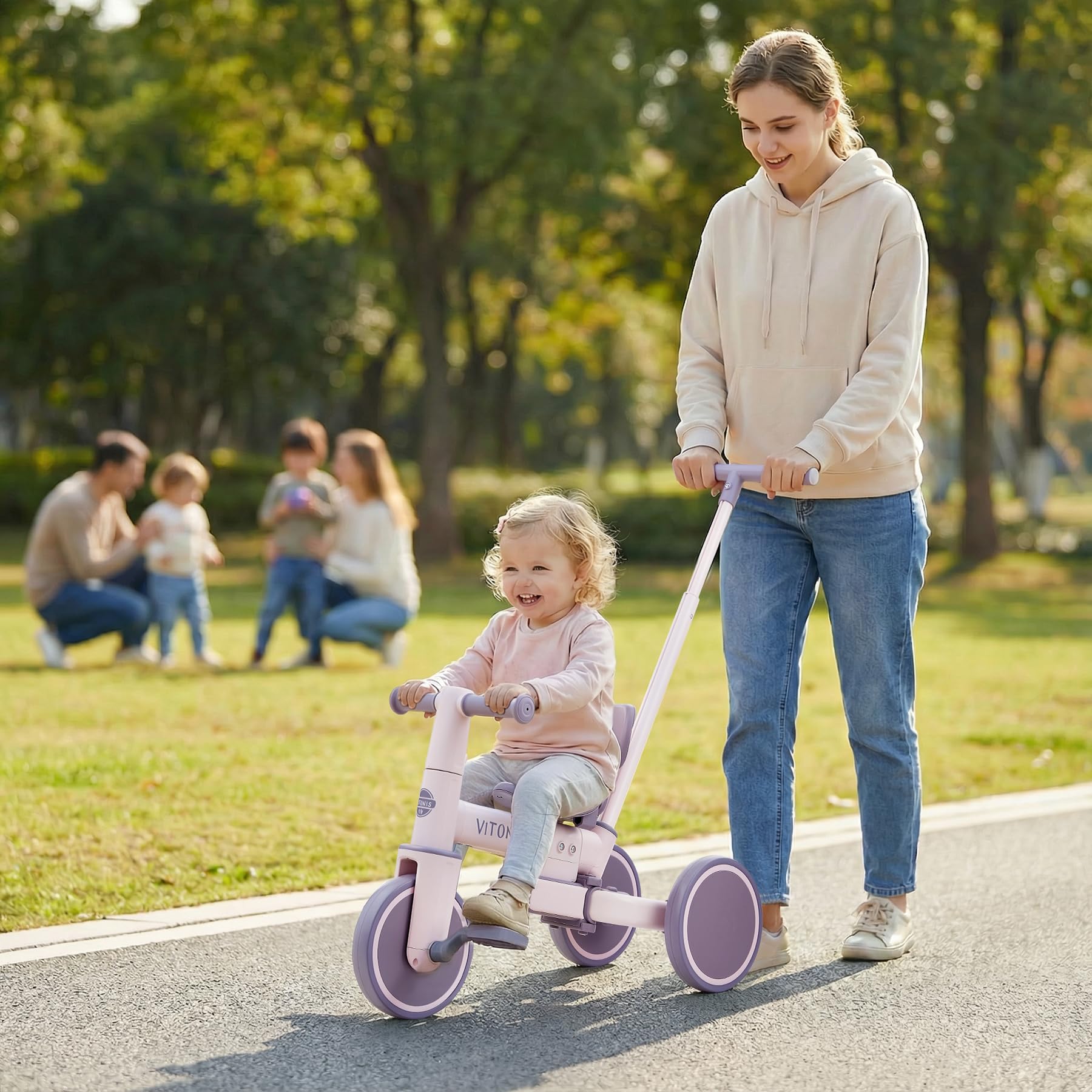 Bicicleta sin Pedales a Partir de 1 año, Triciclo 5 en 1 con Barra de Empuje para niños, Bicicleta sin Pedales para niños pequeños, Regalo para niños y niñas， Morado