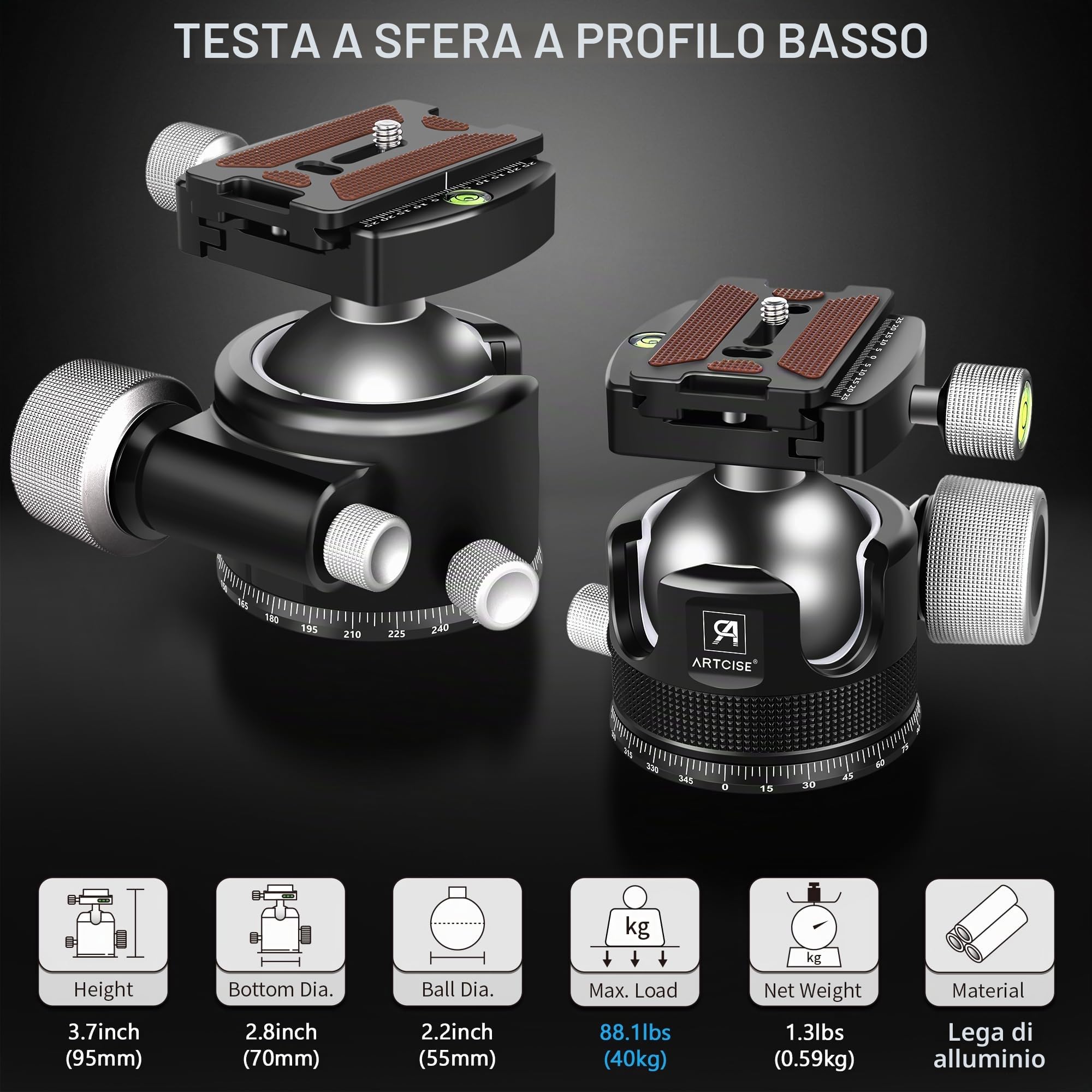 Testa a sfera a basso profilo da 55 mm, testa per treppiede per impieghi gravosi ARTCISE KB55 interamente in metallo con 3 piastre a sgancio rapido da 1/4" per treppiede, DSLR, carico massimo 40 kg