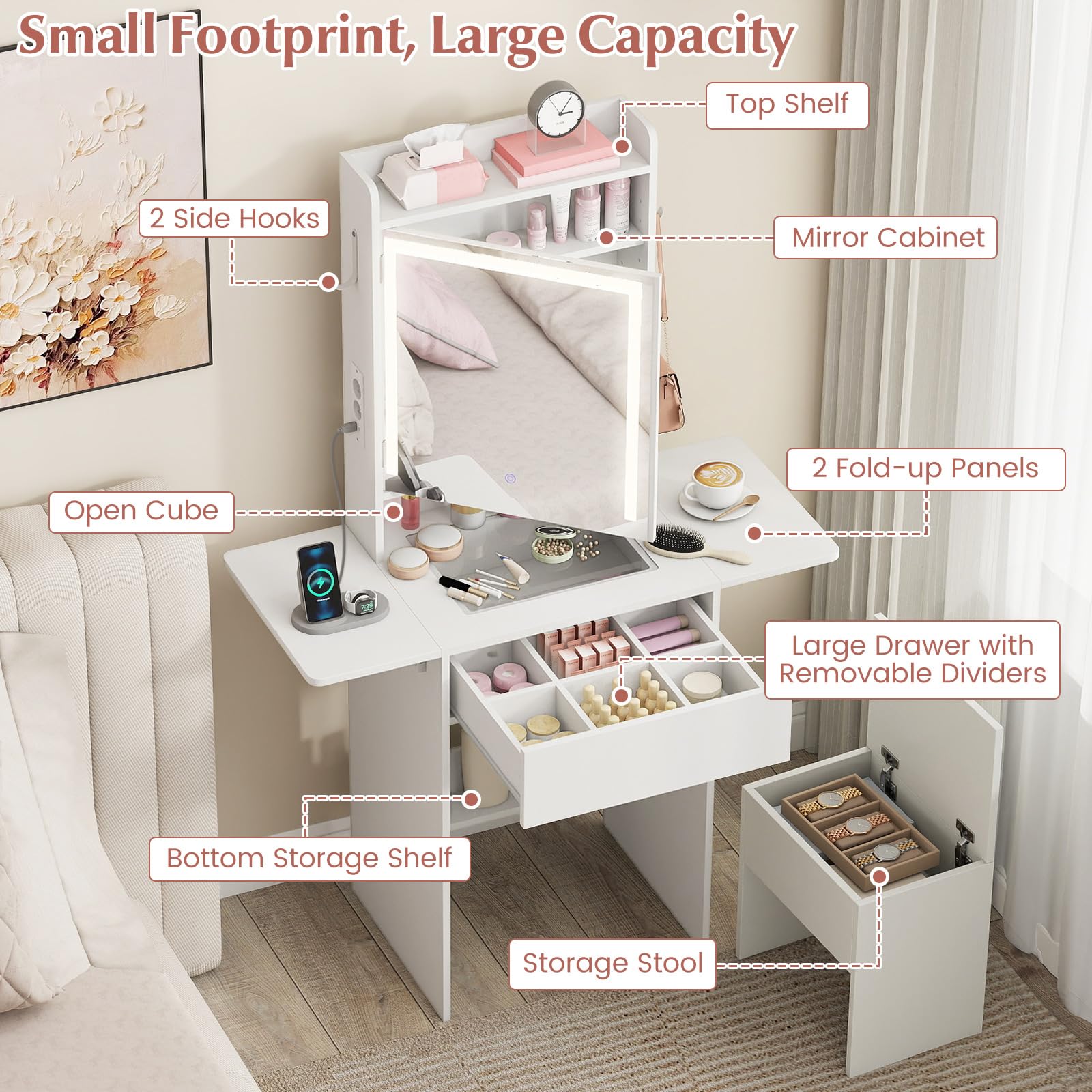GIANTEX Tocador Compacto con Taburete Acolchado, Mesa de Maquillaje con Espejo Luminoso de 3 Modos, Cajón, Estante, Ganchos y Enchufes, 2 Tableros Laterales Plegables (Blanco)