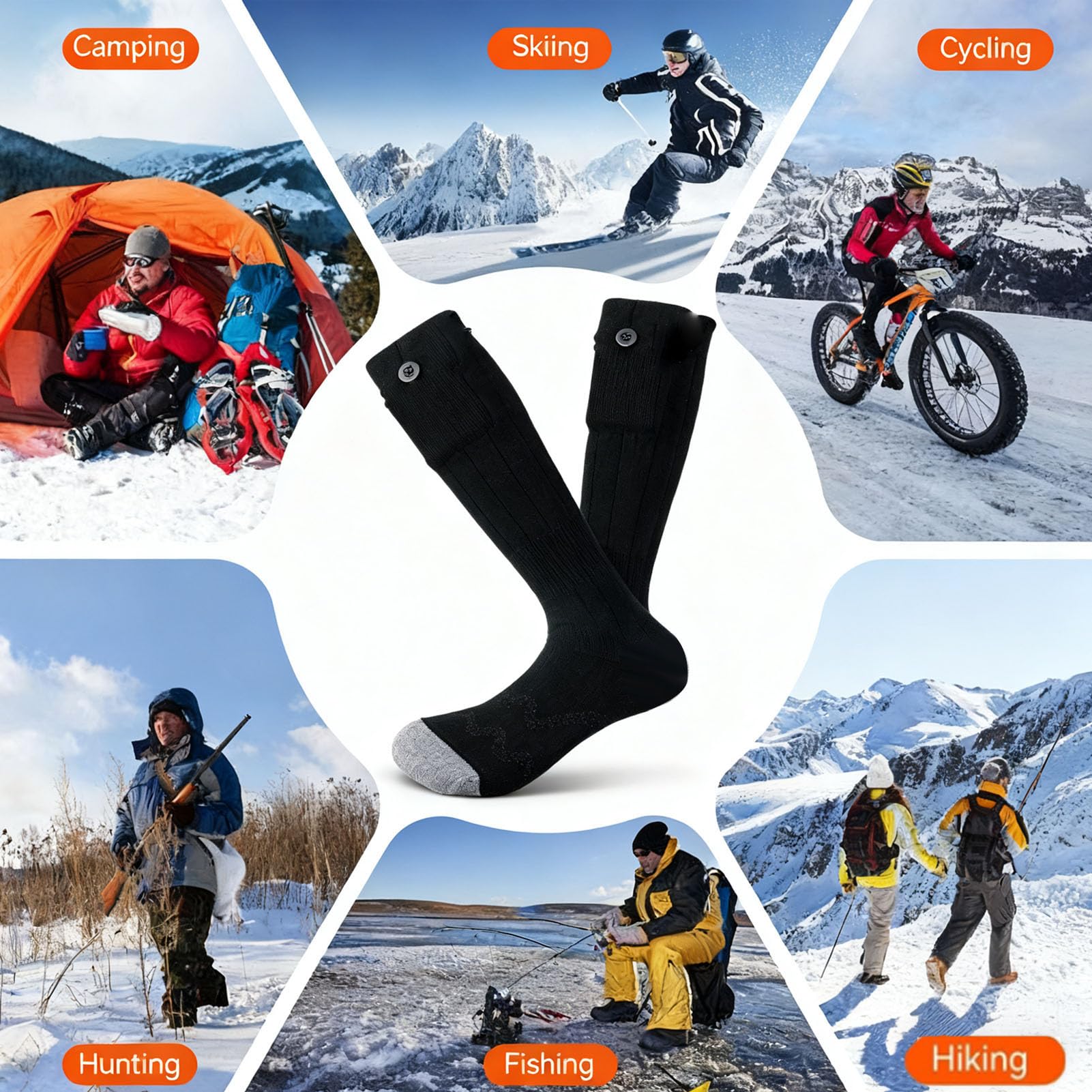 Srliya Chaussettes Chauffantes électriques, Batterie Rechargeable Réglable, Chauffe-Pieds pour l'hiver, Ski, Pêche, Camping, Noir et Gris