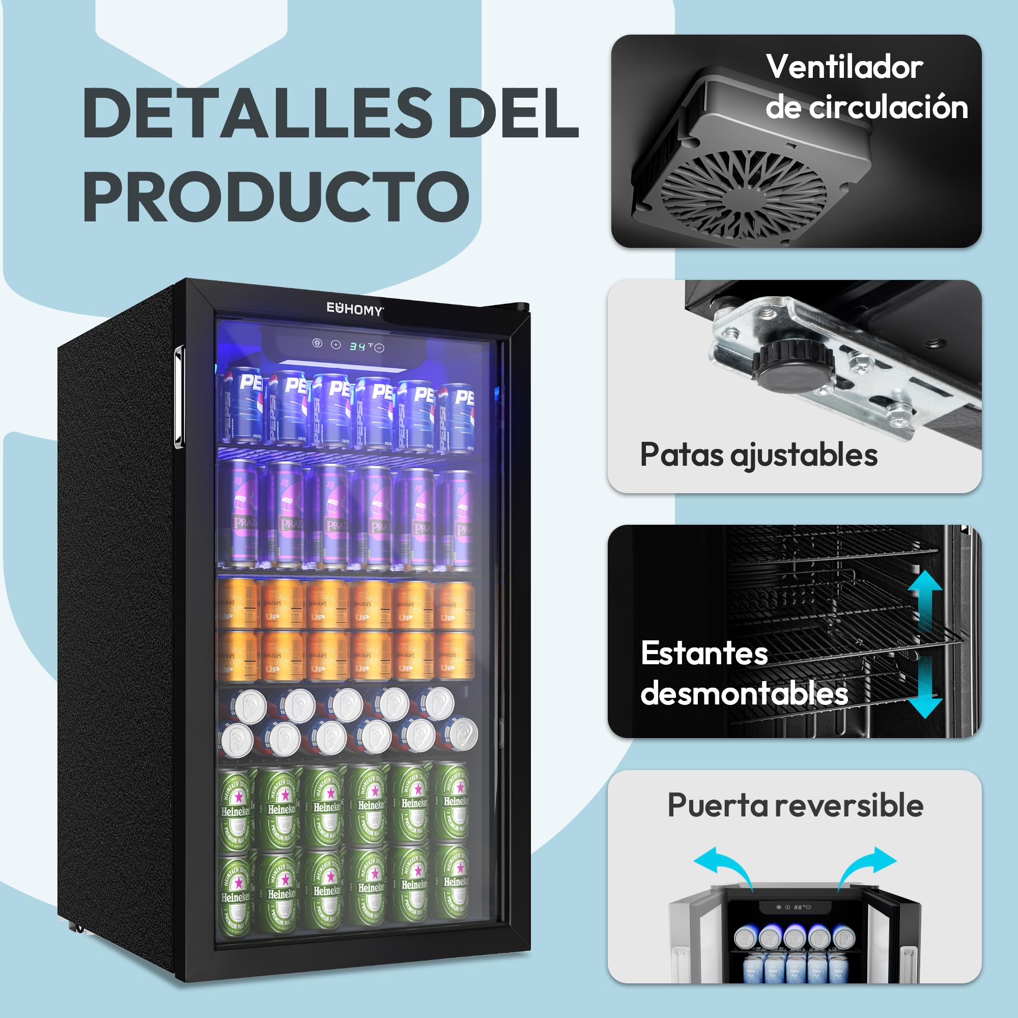 EUHOMY Refrigerador de bebidas, mini nevera para 126 latas con puerta de cristal, nevera pequeña con estantes ajustables para limonada, cerveza o vino, para el hogar/bar/oficina,