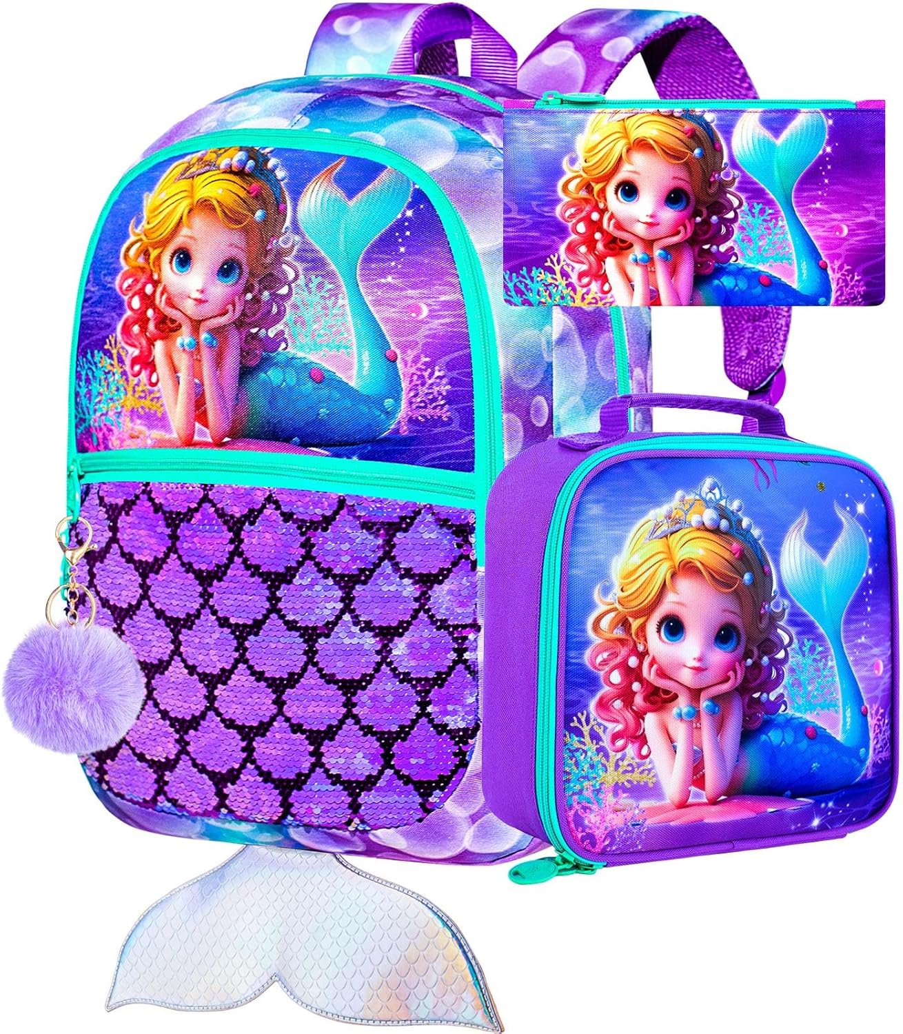 3Pcs Mermaid Backpack for Girls, 16" Sequins Kids Bookbag with Lunch Box, School Ba...