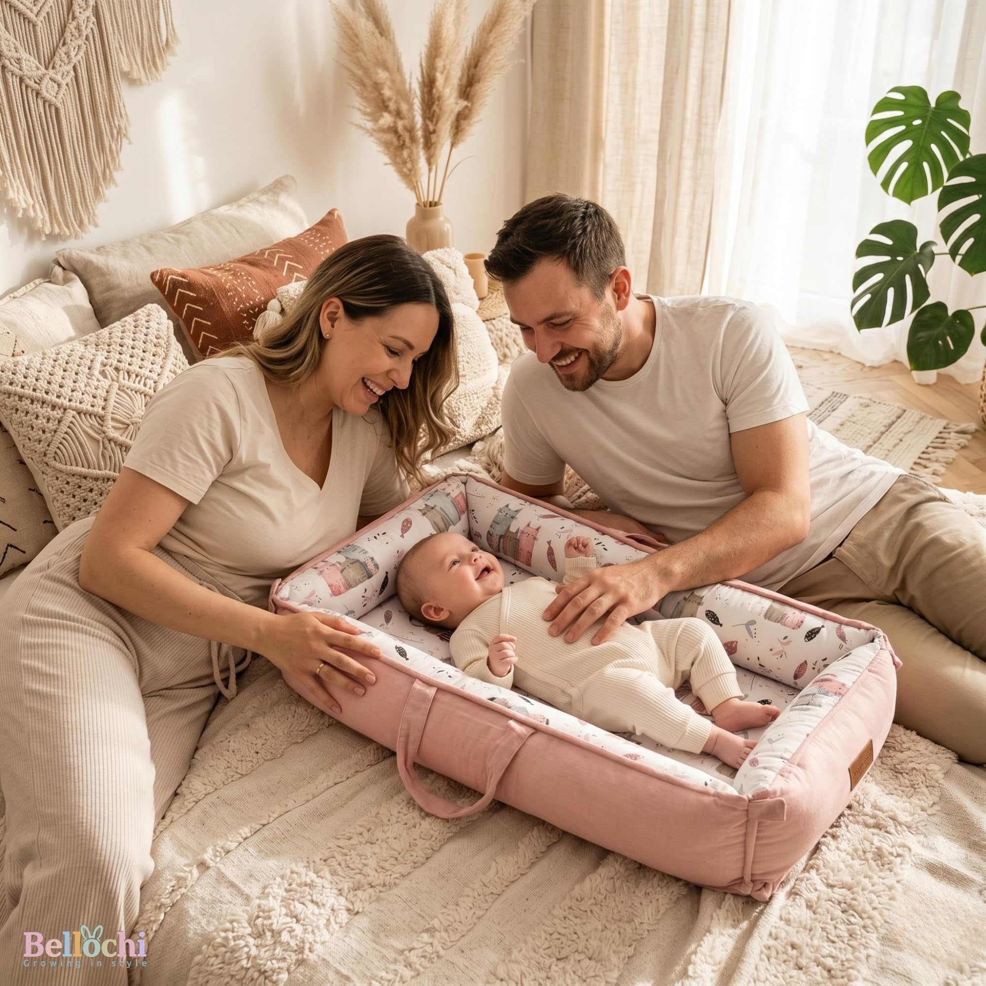 Bellochi Hush Baby Nest Cocoon leżak dla noworodka z cichymi magnetycznymi zapięciami dla spokojnego wypoczynku - hipoalergiczna bawełna premium, wielofunkcyjna mata na brzuch i przenośna kapsuła