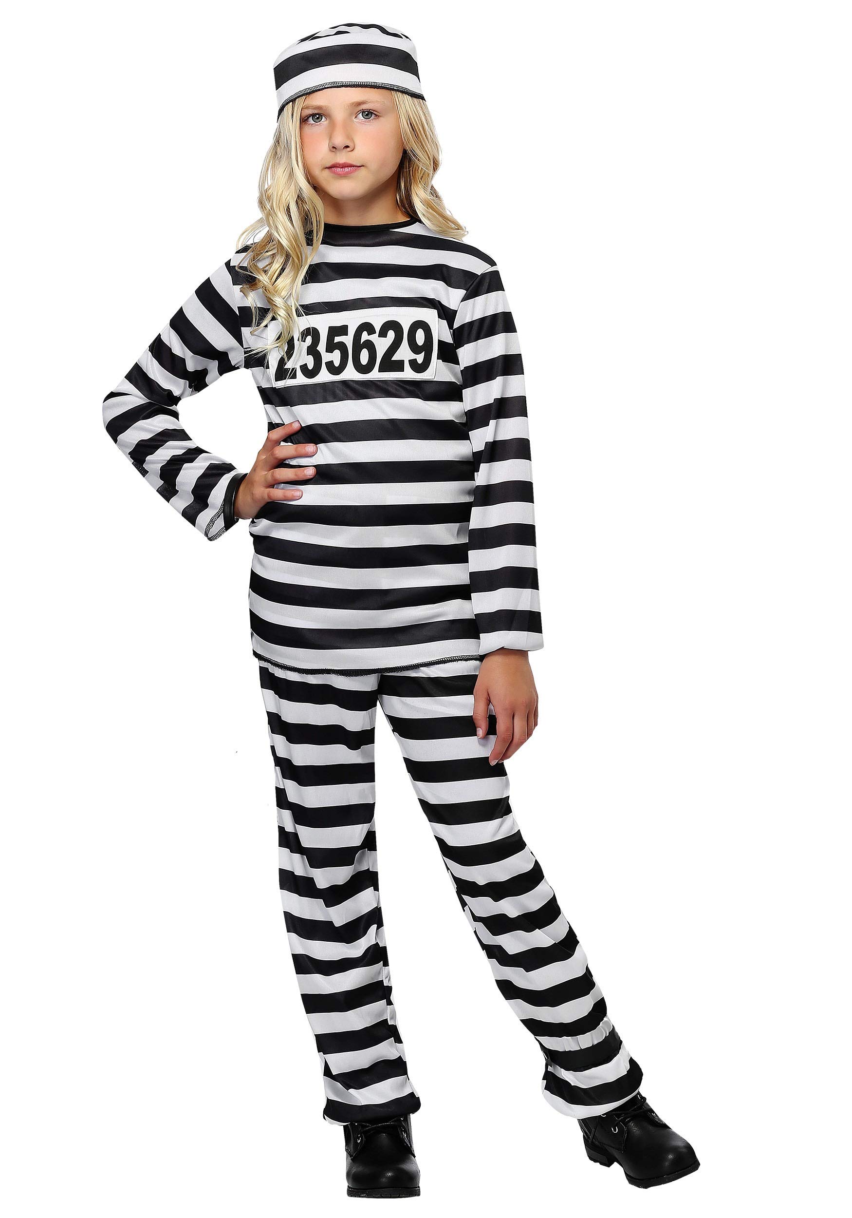 Girl's Striped Prisoner Costume Shirt, Pants, Hat, Patch Kid's Jail Uniform Outfit