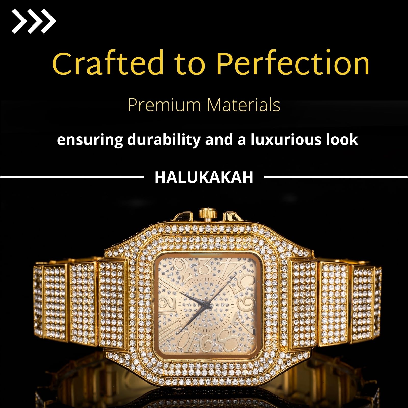 Halukakah Reloj de Oro con Diamantes para Niños,Adolescentes - Chapado en Oro 18K/Platino,Esfera Cuadrado con Números Árabes - Longitud 18.5cm -Opcional con Cadena Cubana,Herramienta de Ajuste Incluye