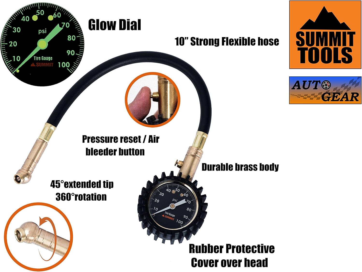 Summit Tools Tire Pressure Gauge with Glow Dial, 0 to 100 PSI, Hold Valve, 10 in. Flexible Hose, Pressure Bleeding Button, Rubber Head Cover. Automobile Accessory (ST-TIRE-PRES-2)