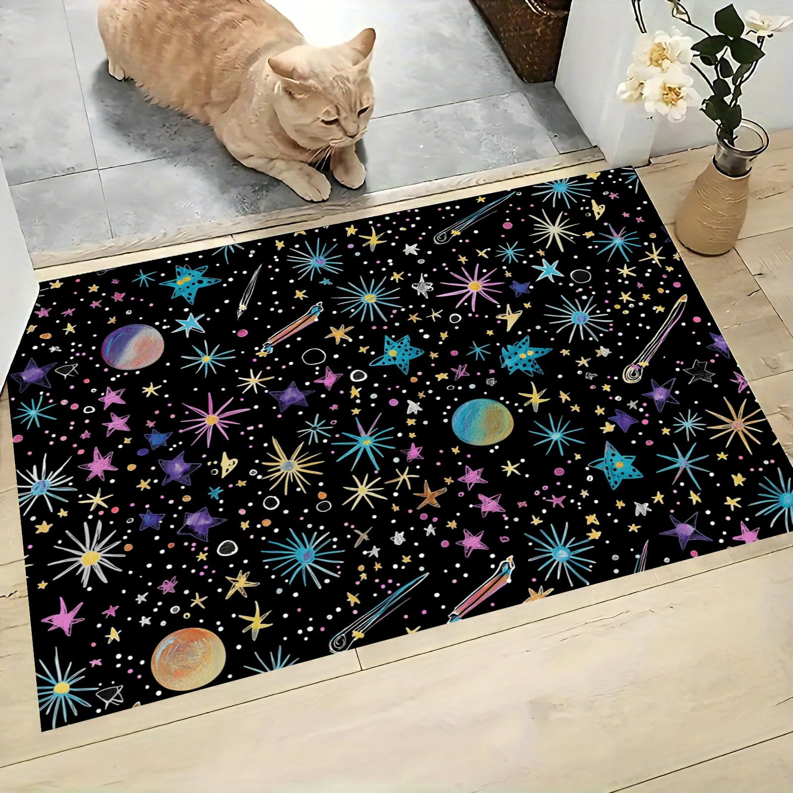 Felpudo de Bienvenida con Estrellas Y Estrellas Fugaces, 80x120cm Felpudo Entrada Casa Graffiti Cielo Estrellado Antideslizante Alfombra Pasillo de Perfil Bajo para Debajo de la Puerta, Negro