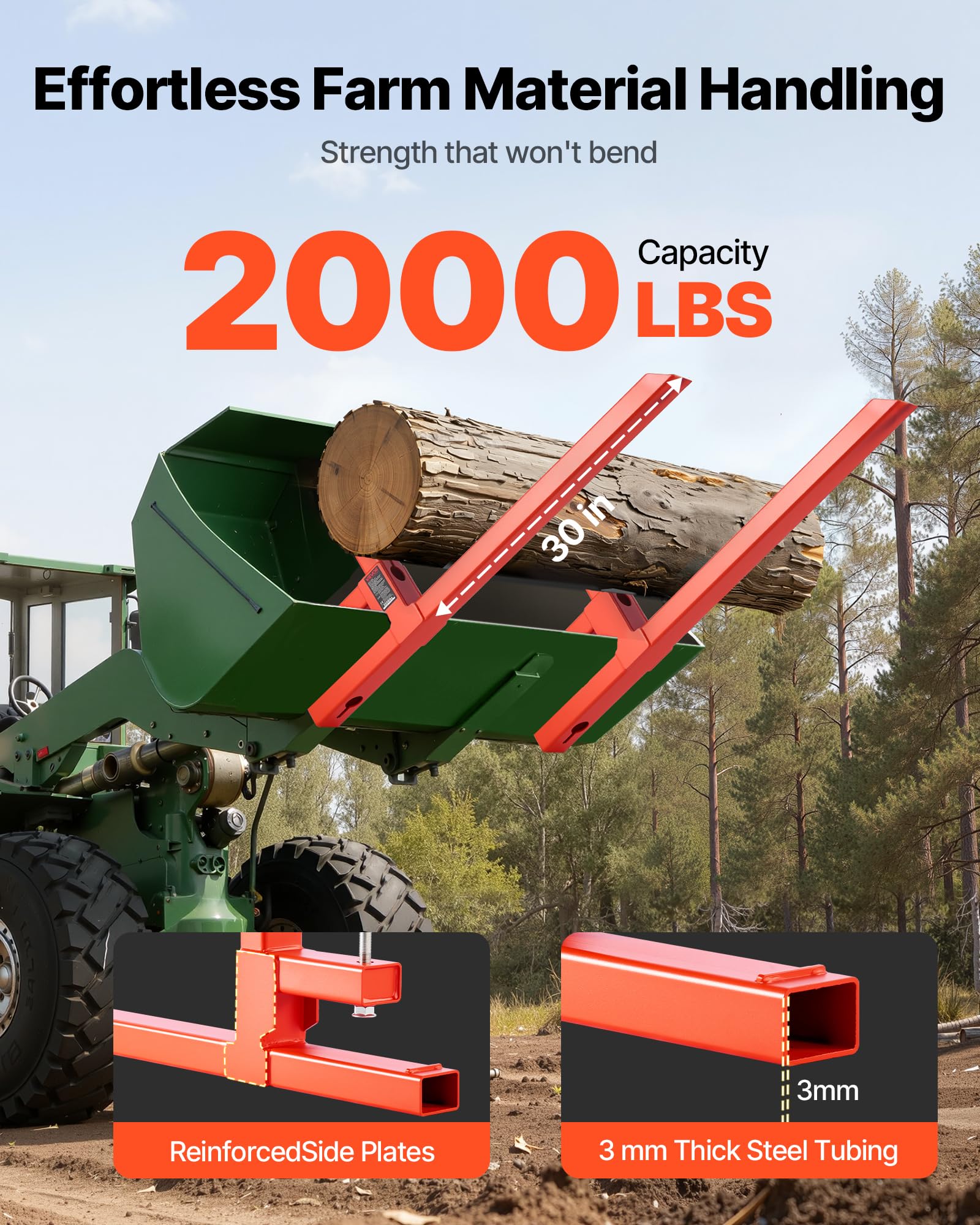 VEVOR Abrazadera de Horquillas de Tractor 907 kg, Horquillas de Palé Longitud Total de 109 cm, con Barra Estabilizadora, Alta Resistencia, para Pala Cargadora, Minicargadora, Tractor, Naranja