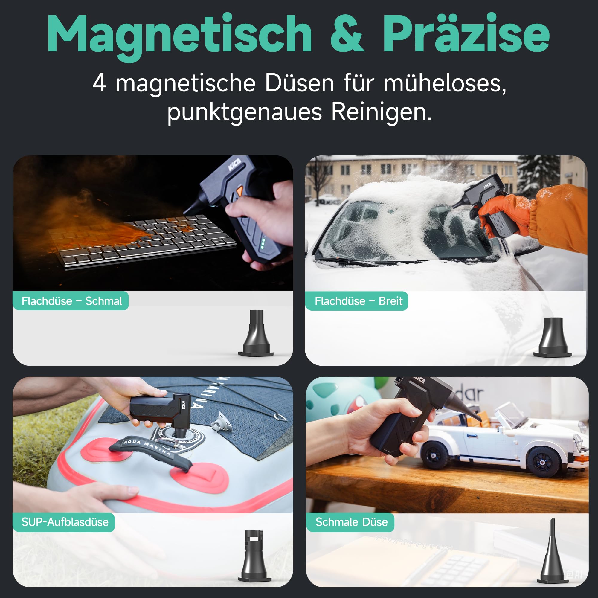Kica JetFan Ultra Elektrisches Staubgebläse & Druckluftspray – Kabellos & USB Wiederaufladbar, 130.000 U/min, 48 m/s Windgeschwindigkeit, Air Duster für PC, Tastatur, Auto, Sofa & Büro mit LED-Licht