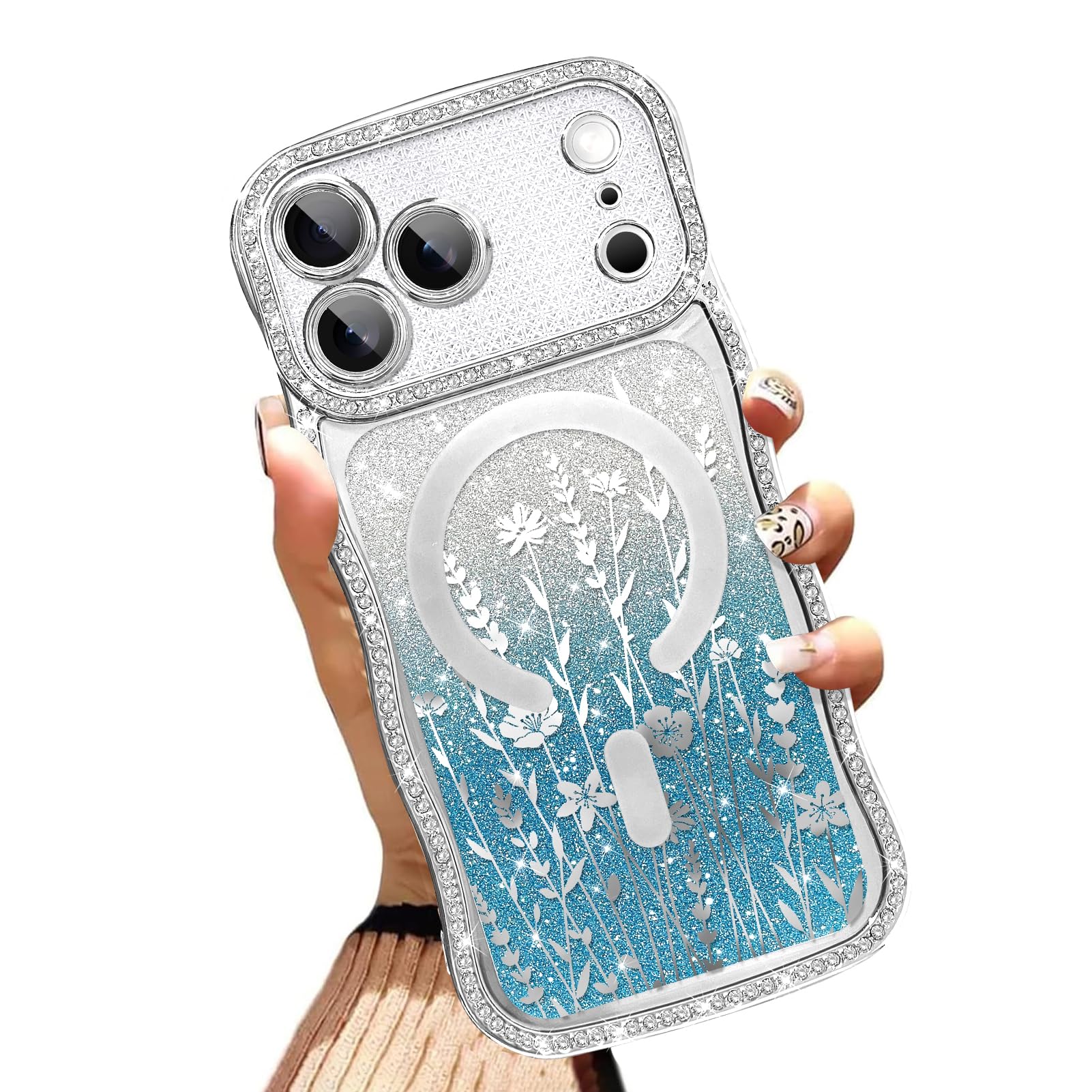Coque iPhone 17 Pro antichoc transparente paillettes et fleurs MagSafe