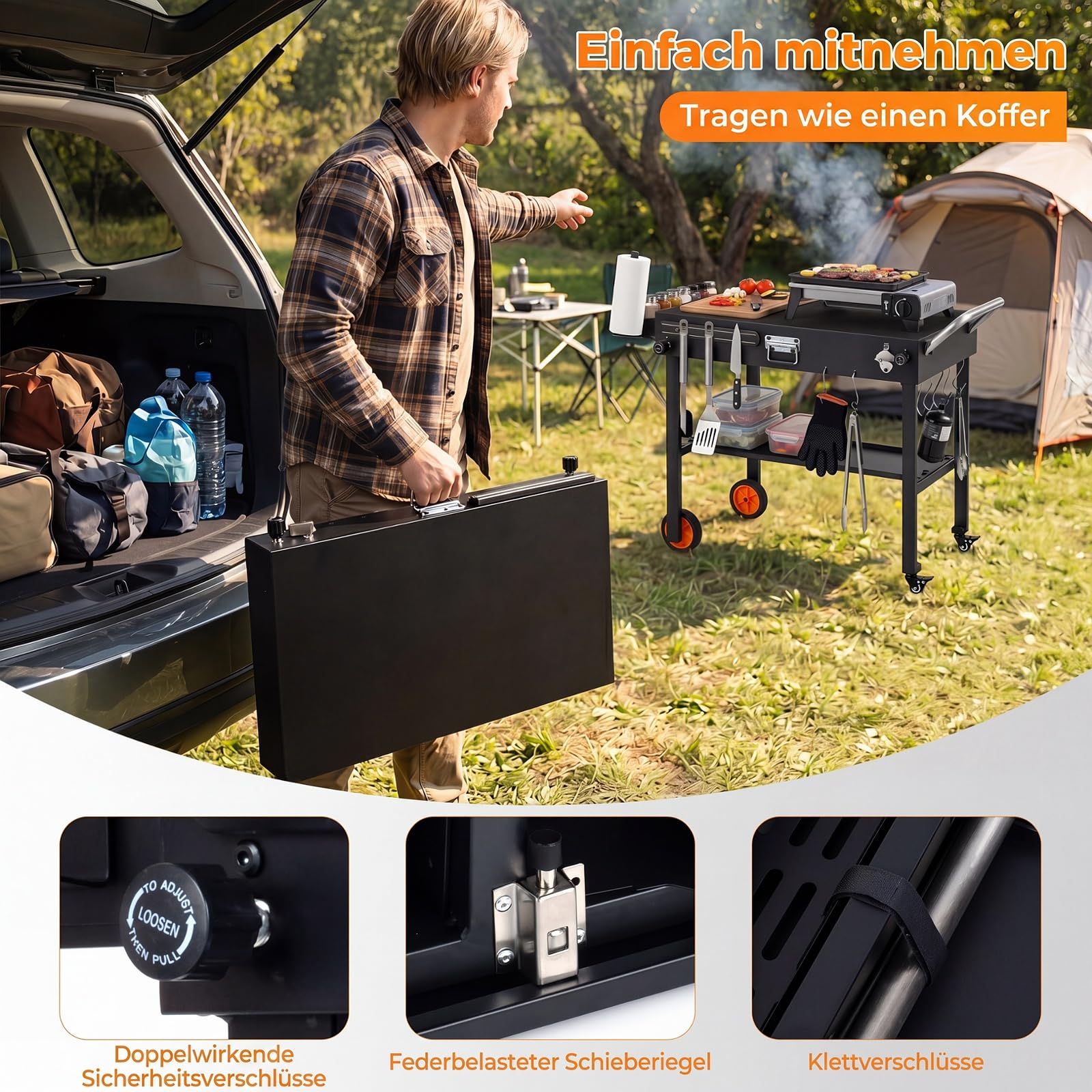 COSTWAY Grillwagen Outdoor, Grilltisch klappbar, Servierwagen Metall | Pizzatisch mit Rollen, 82 x 46 cm Arbeitsfläche & Hitzeschutzmatte, Grill Beistelltisch wetterfest, für BBQ Partys Garten