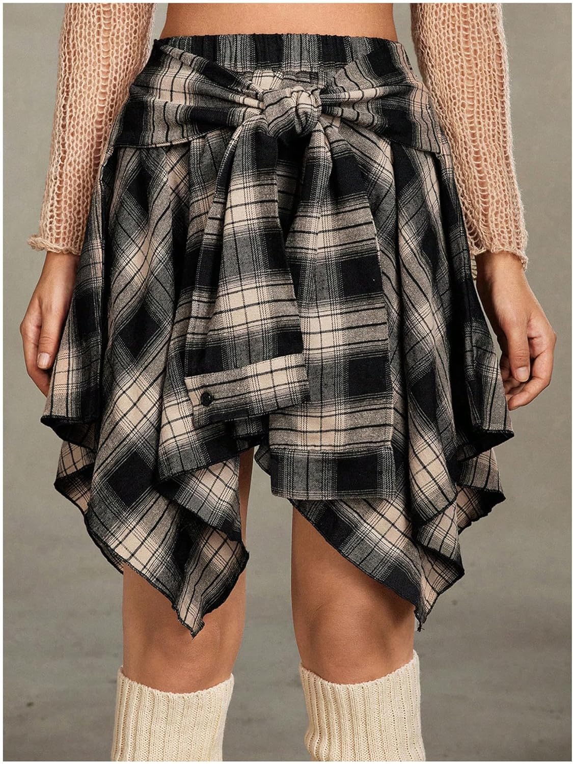 Verdusa Women's Y2k Goth Grunge Plaid Skirts Tie Vintage Asymmetrical Flowy Pleated Mini Skater Skirt - Image 2