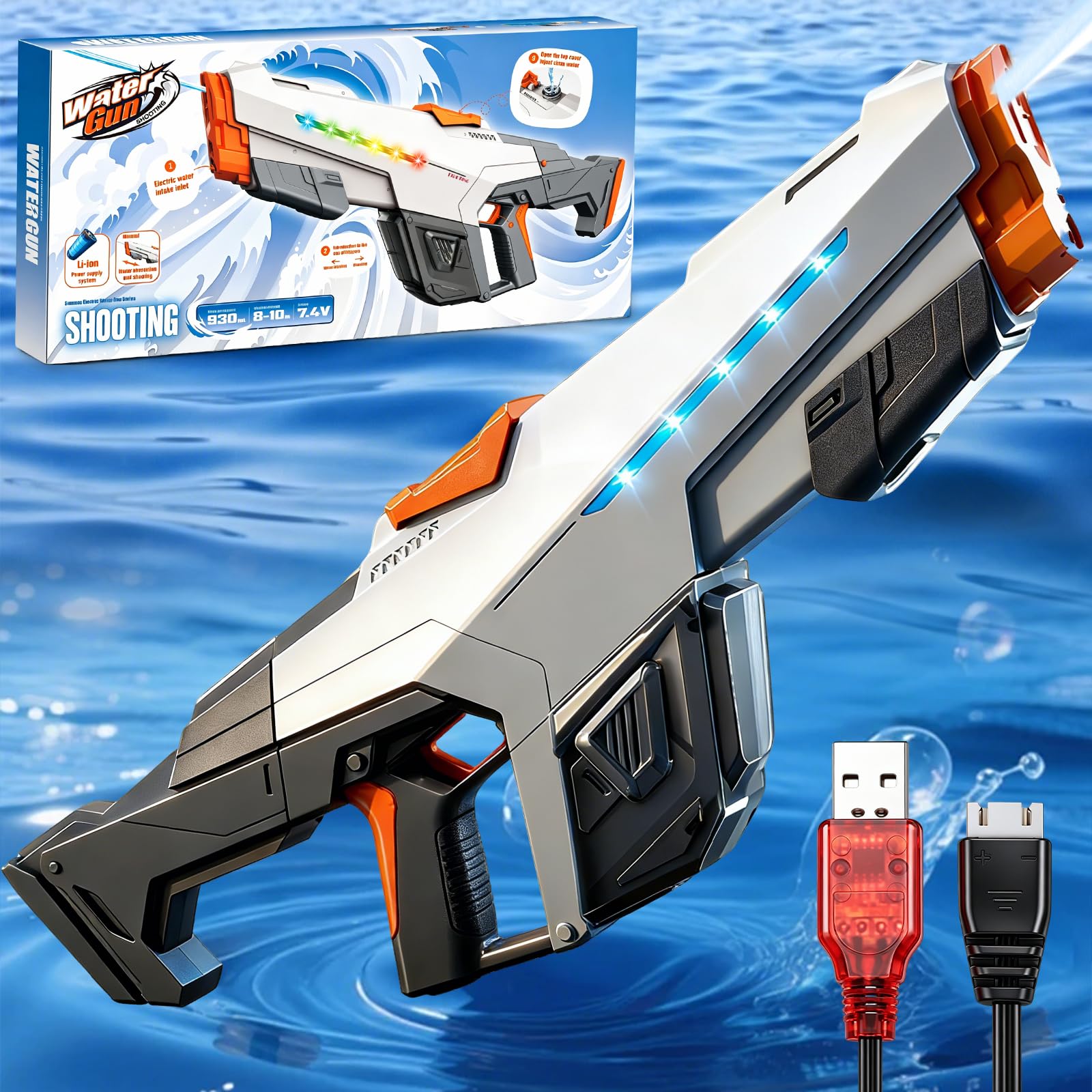 Wasserpistole Elektrisch, EIN-Knopf-Automatik, Große Reichweite mit Licht, Automatische Wasserpistole (Grau)