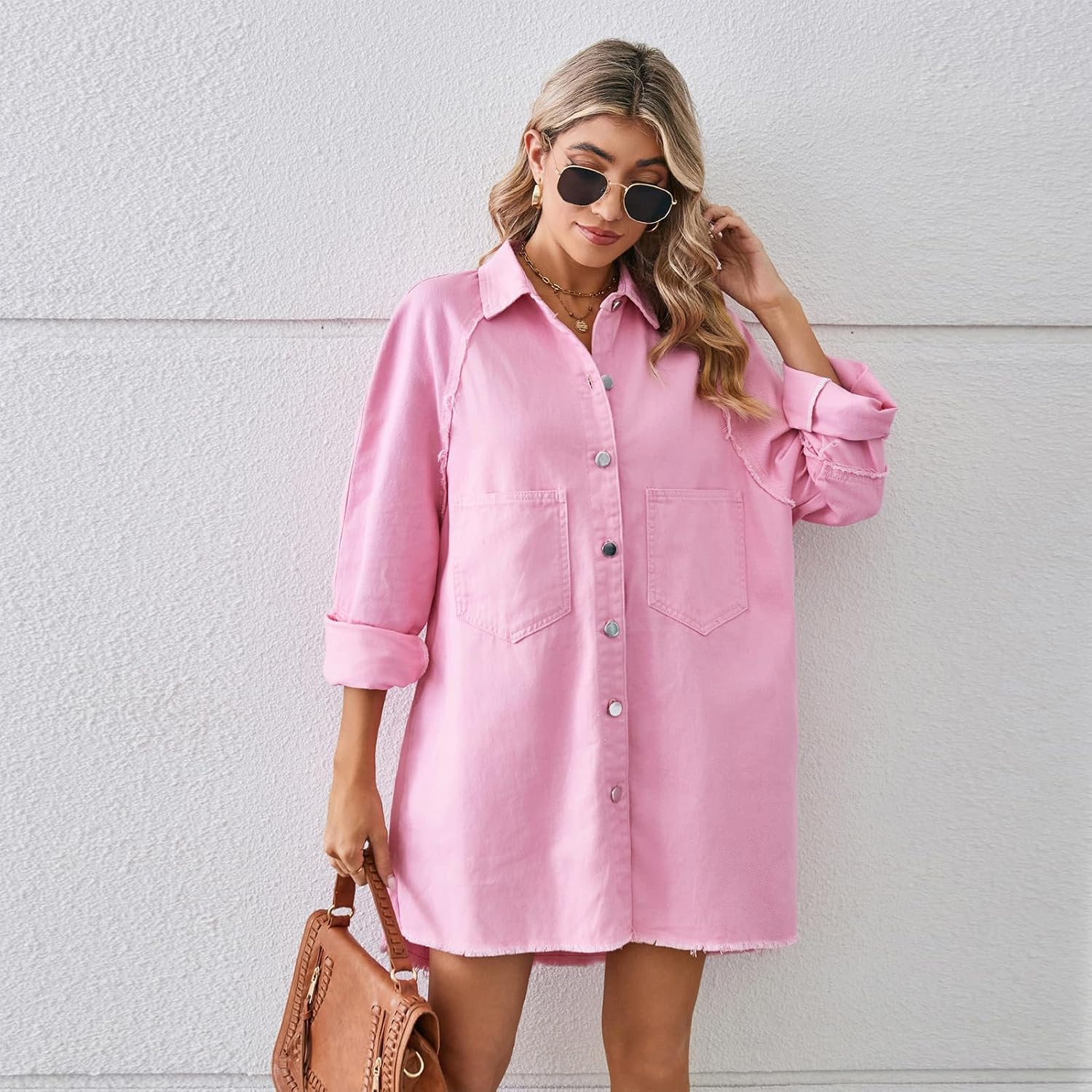 utcoco Women's Oversized Denim Jacket Button Up Frayed Hem Shacket Long Boyfriend Distressed Jean Dress