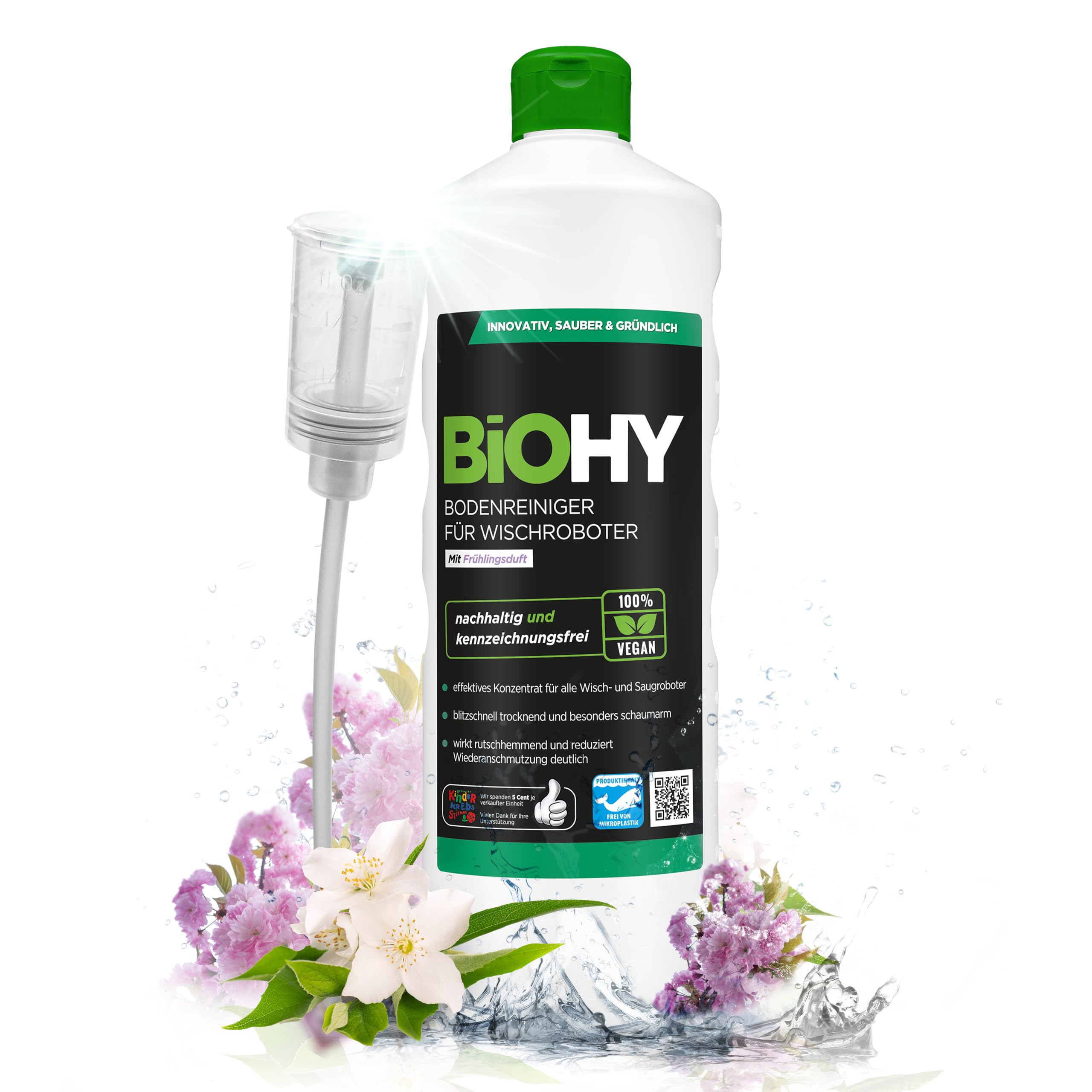 BiOHY Floor Cleaner for Wiping Robots (1l Bottle) + Dispenser | Concentrate for all wiping & suction robots with wet function | sustainable & ecological | with spring fragrance (Wischroboter)