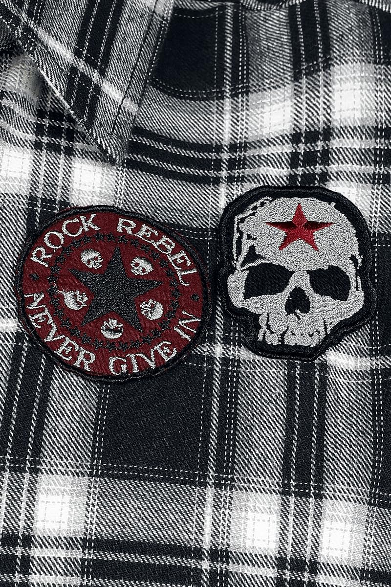 Rock Rebel by EMP Hombre Camisa de Manga Larga Negra/Gris con Bolsillos en el Pecho y Parches.