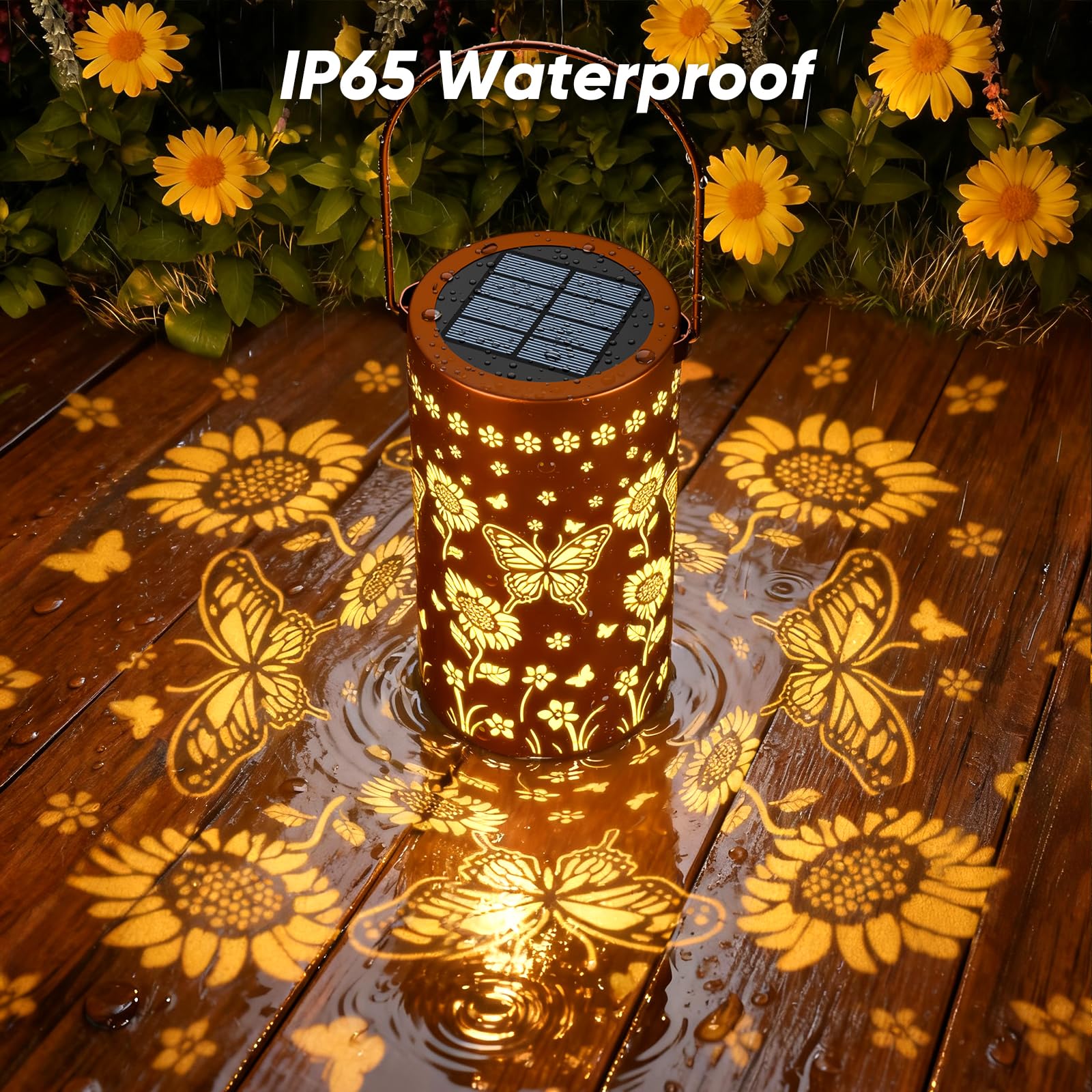 Lanterne solari impermeabili per esterni, lanterna decorativa con motivo girasole e farfalle, per giardino, patio, cortile, regalo da donna per proprietari di case e coppie, confezione da 2