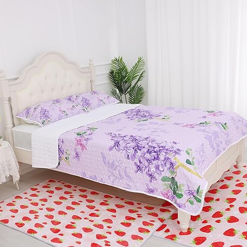 Miniatura 2 de Juego de edredón floral morado, tamaño matrimonialqueen, juego de edredón de 3 piezas con flores botánicas, colcha ligera acolchada para todas las