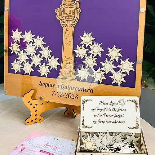 Miniatura 4 de Purple Princess Tower Guest Book Quinceanera, Fairy Decoration Theme for Birthday Party with Sun shaped Drop Box - Personalized Enchanted Fairytale