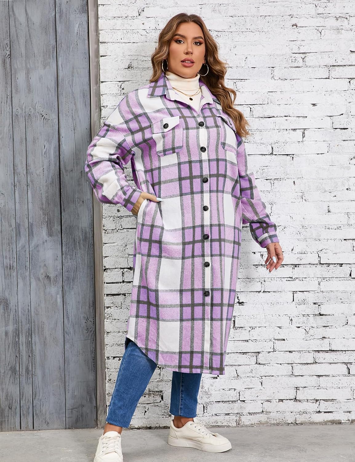 ZOMVA 2025 Women's 0X-5X Plus Size Long Flannel Plaid Shacket Jacket Oversized Button Down Coats Shirts with Pockets - Image 3