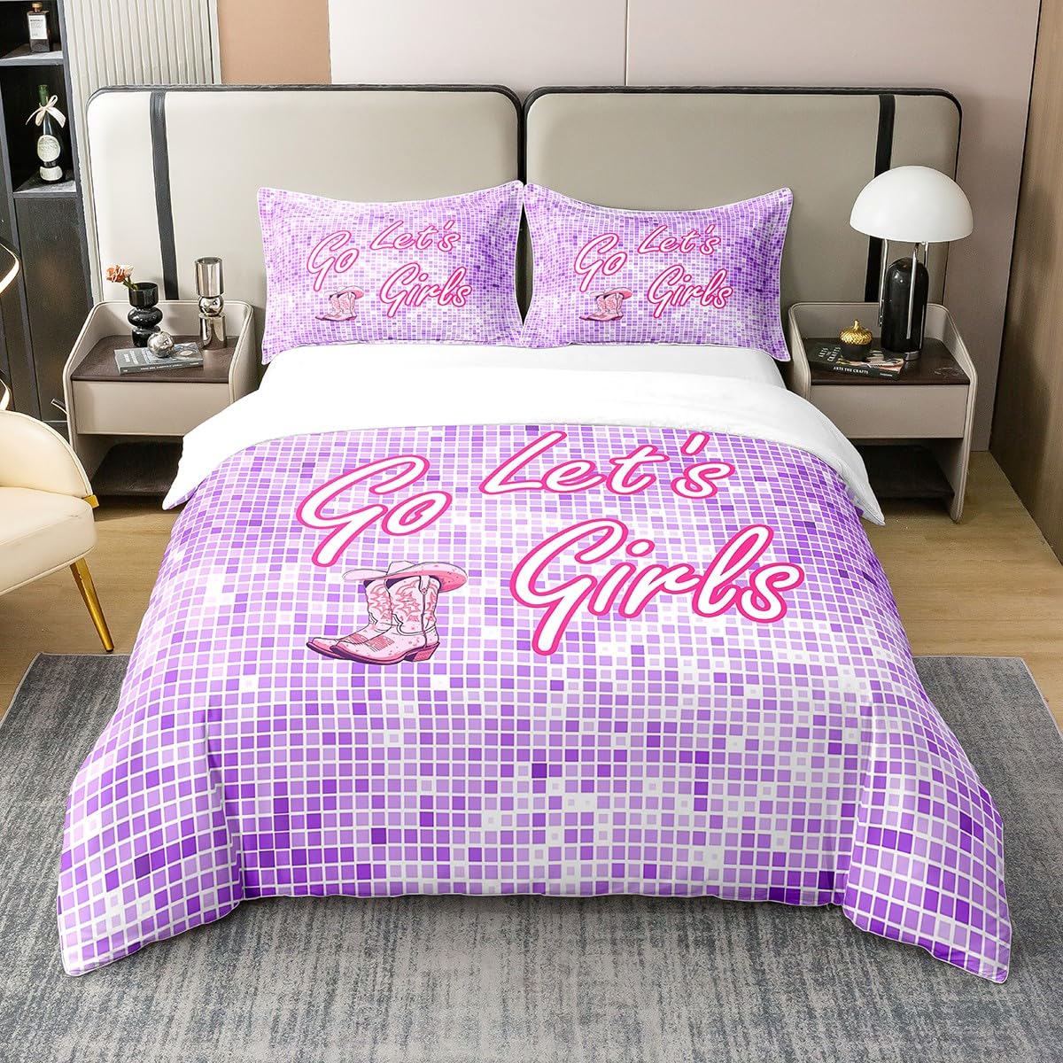 3 Pieces Cowgirl Purple Cotton Duvet Cover Sets(NO Comforter),Retro Hippie Theme Comforter Cover for Kids Adults Bedroom Decor,Pink Boots Hats Bedding Set,Neon Glitter Quilt Cover,King Size