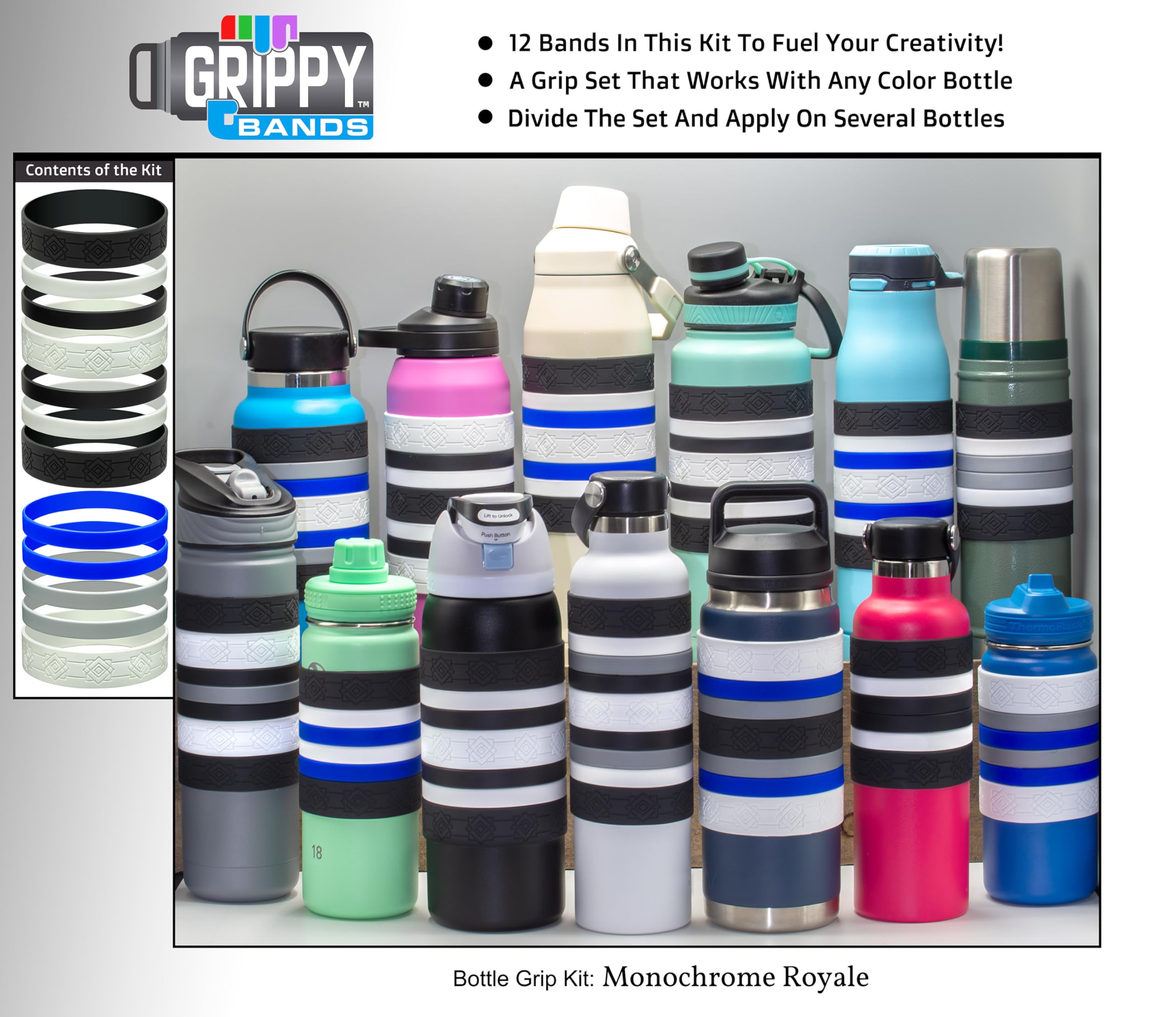 Colorful Water Bottle Grip Kit - MONOCHROME ROYALE: Regular - 12 Silicone Bands for Superior Grip, Style, & Protection - Arrange Them Your Own Way.