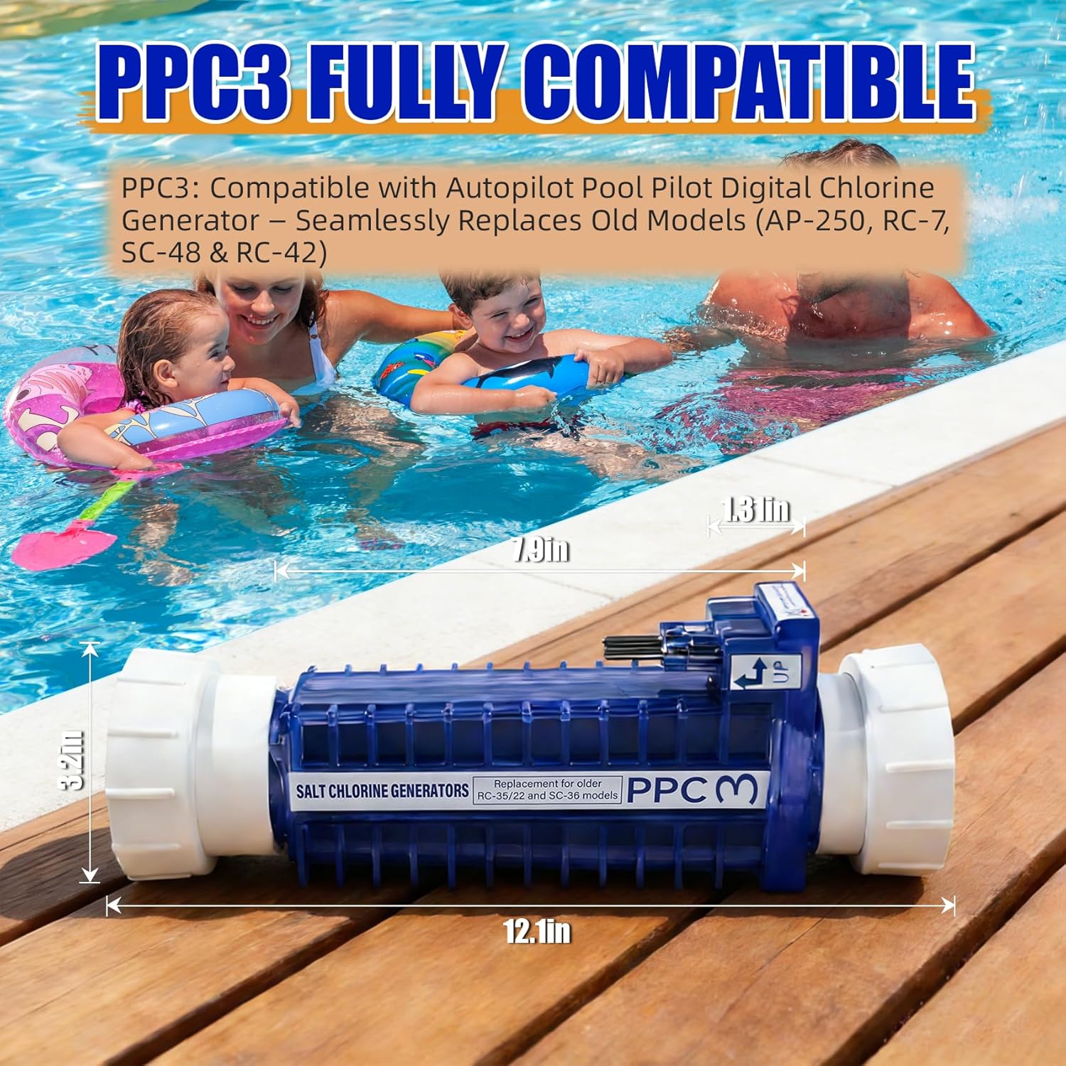 PPC3 Salt Cell Compatible with Autopilot Pool Pilot Nano Plus System PPC3 Chlorine Generator Cell for Pools up to 50000 Gallon 7 Titanium Plates Replaces Old Part Numbers AP-250 RC-7 SC-48 RC-42