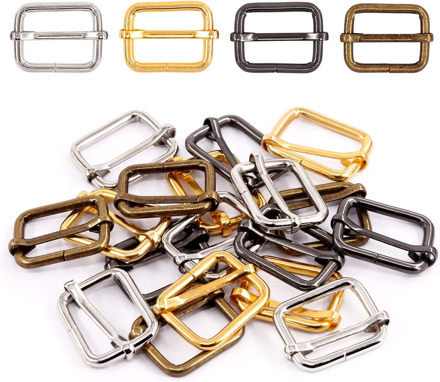 60Pcs Heavy Duty 1 Inch / 25mm Metal Rectangle Adjuster Triglides Slides Buckle, Webbing Belts Buckle Metal Rings for for Belt Bags DIY Accessories Keychains - Sliver, Bronze, Gold, Gun-Black