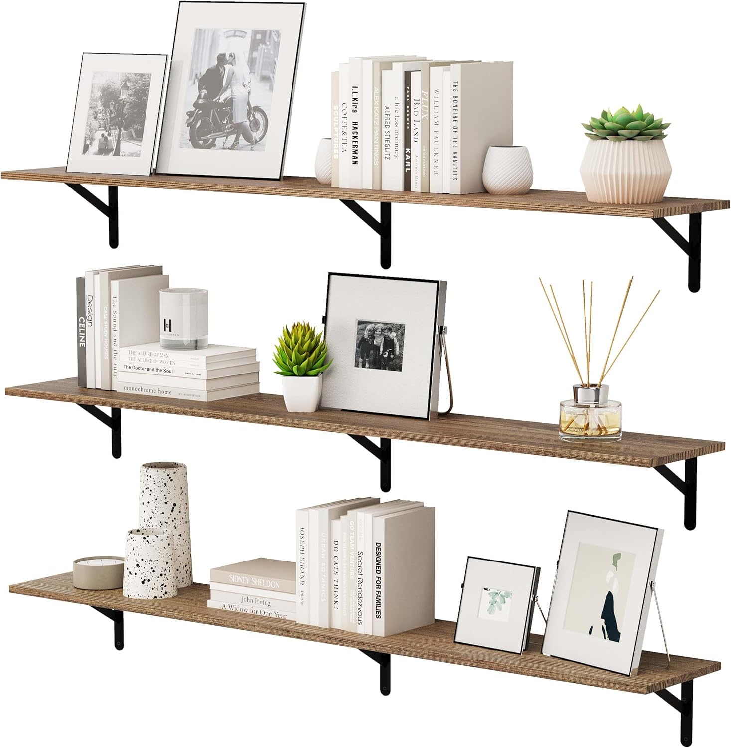 Wallniture Forme 60 inch Long x 10 in Deep Rustic Floating Shelves for Wall, Book Shelves for Living Room, Wall Shelf Home Office, Laundry Room, Set of 3, Burnt, Wood