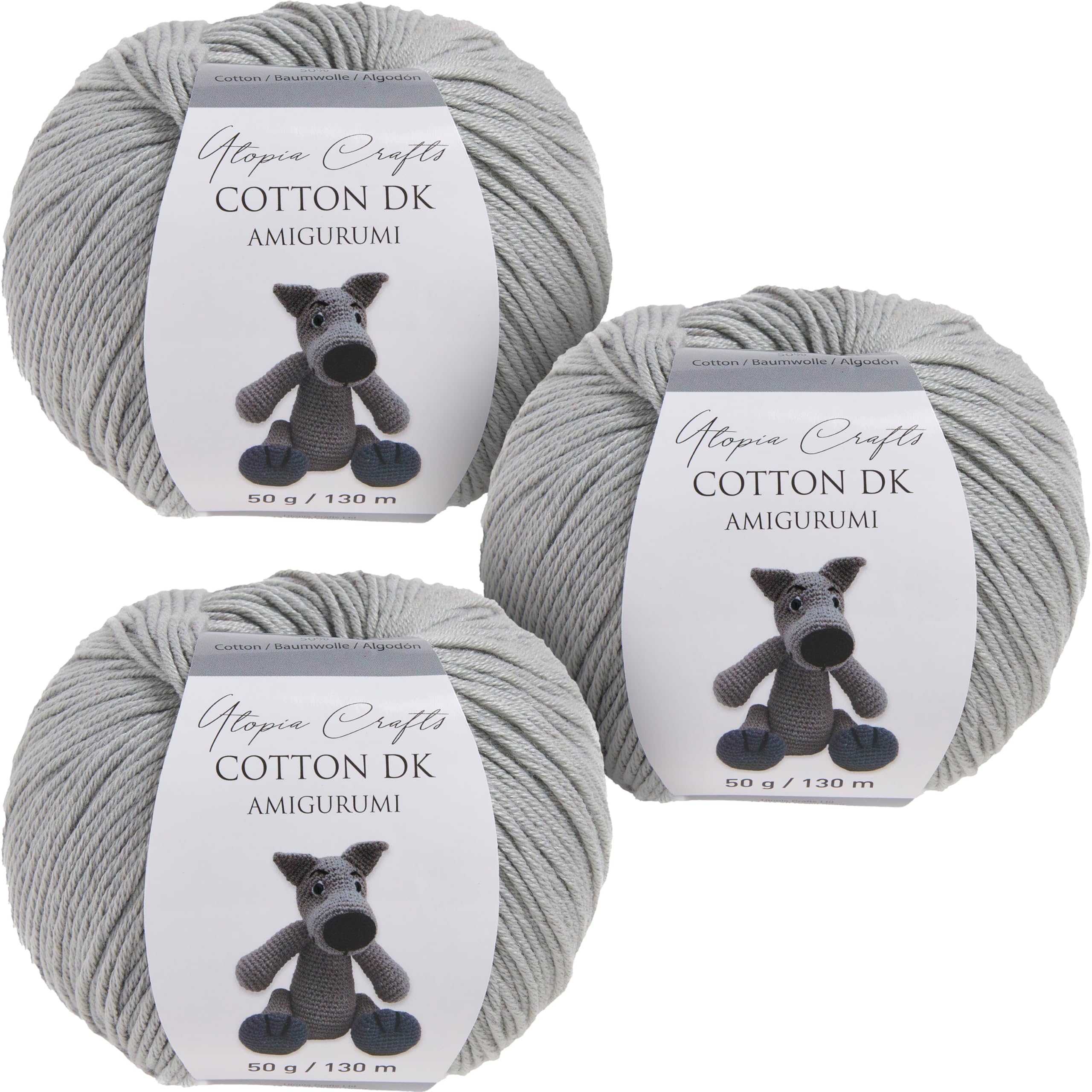Utopia Crafts Amigurumi Cotton DK Yarn for Crochet and Knitting 50% Cotton, 50% Acrylic Blended, 3X 50g (Light Grey)