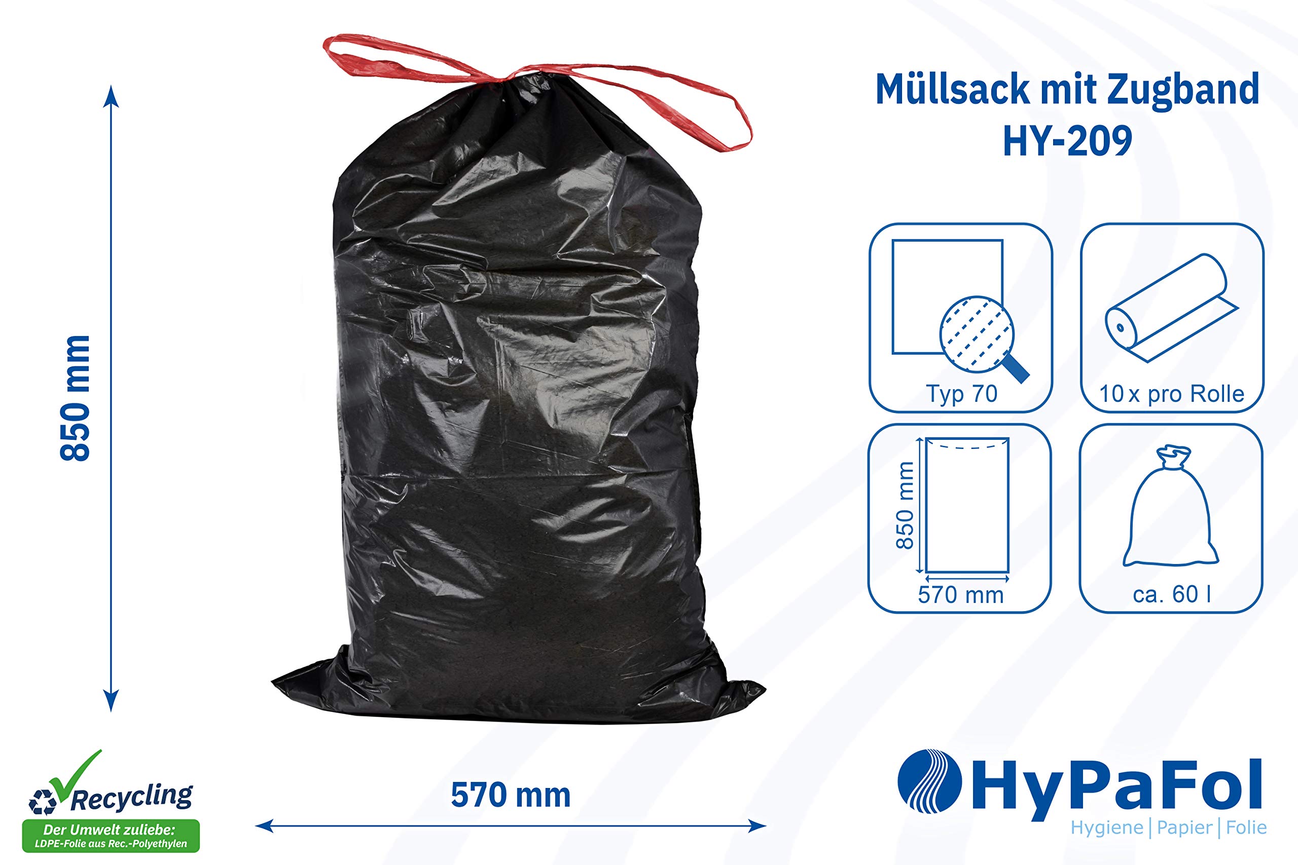 Hypafol Müllbeutel Typ 60 mit Zugband 60l I Abfallsack für Haushalt, Garten & Industrie I Besonders stabil & reißfest I schwarze Schwerlast Müllsäcke aus hochwertigem Material I 100 St.